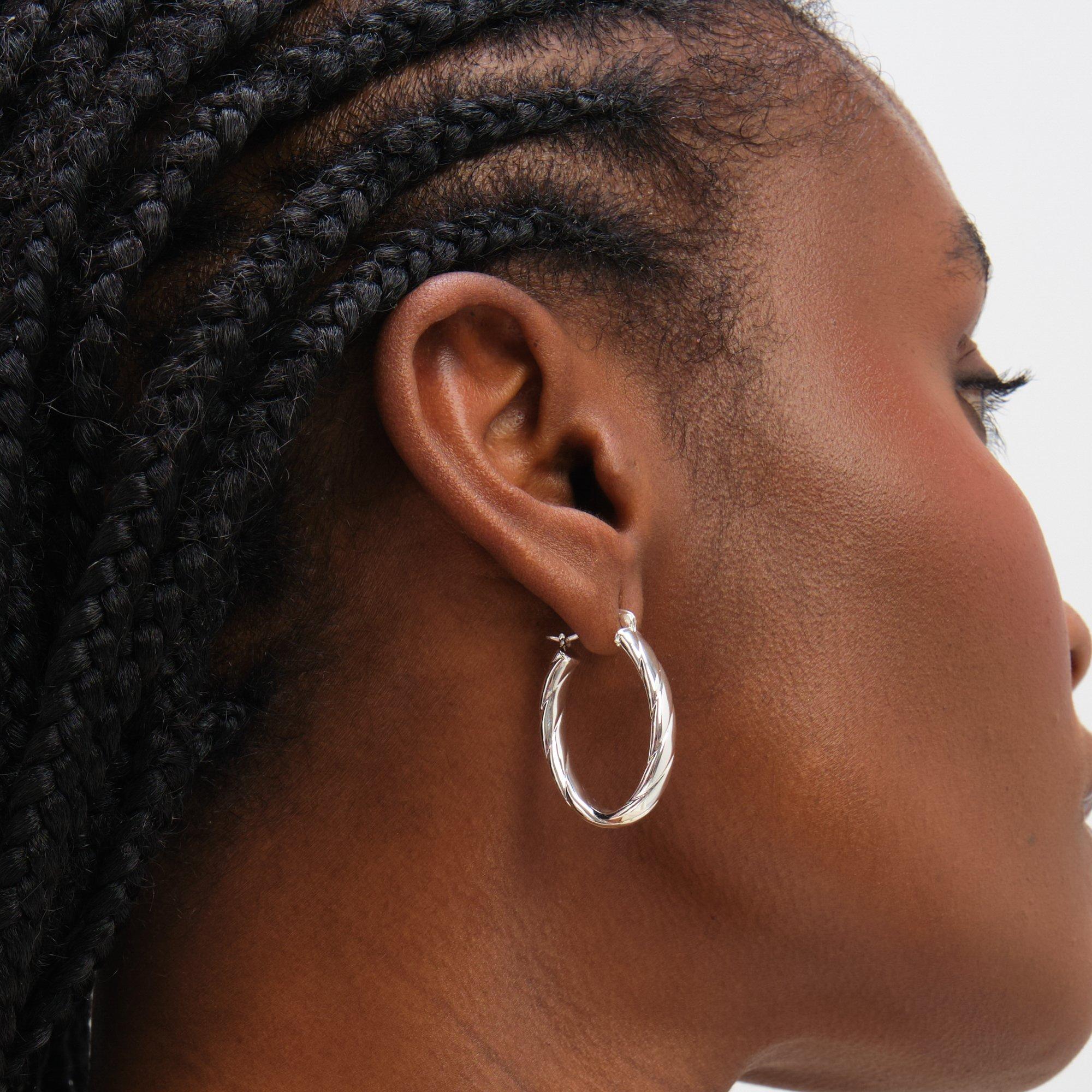 Silver - Inicio - Sterling Silver Plated Textured Oval Hoops - 2