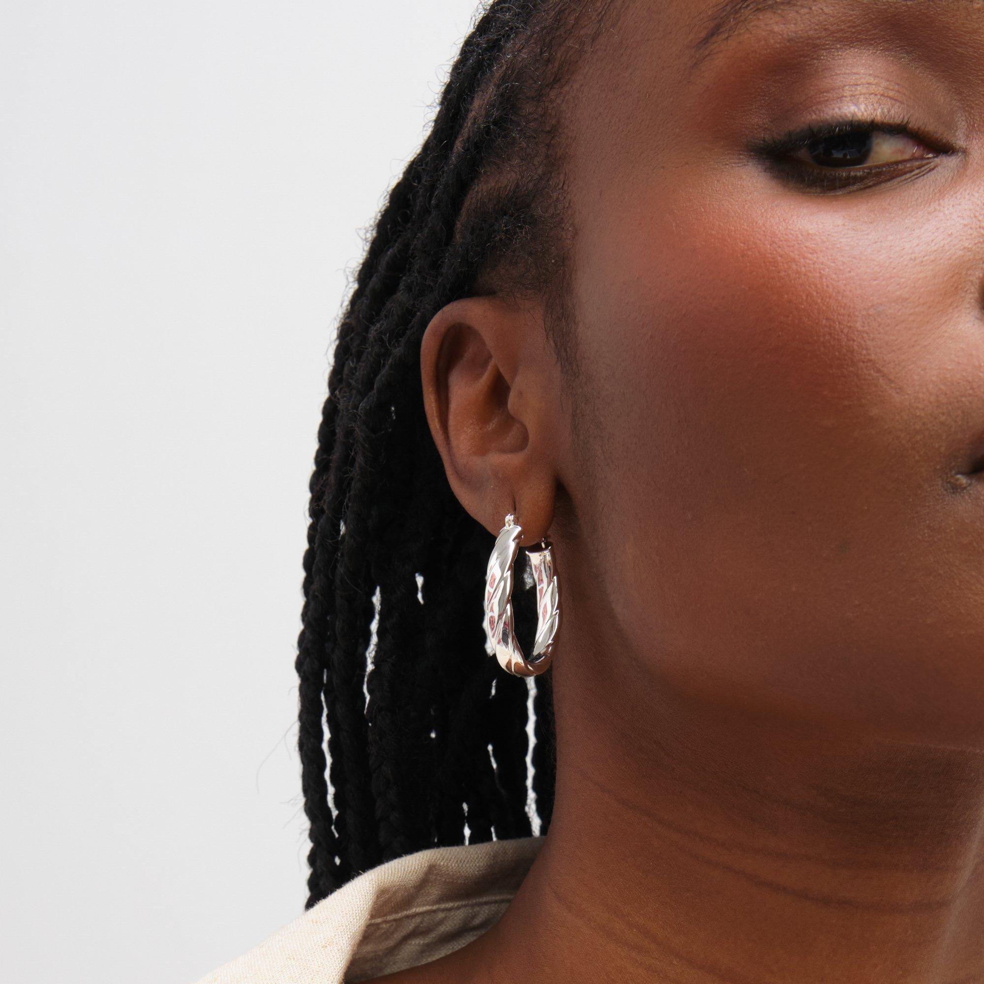 Silver - Inicio - Sterling Silver Plated Textured Oval Hoops - 3