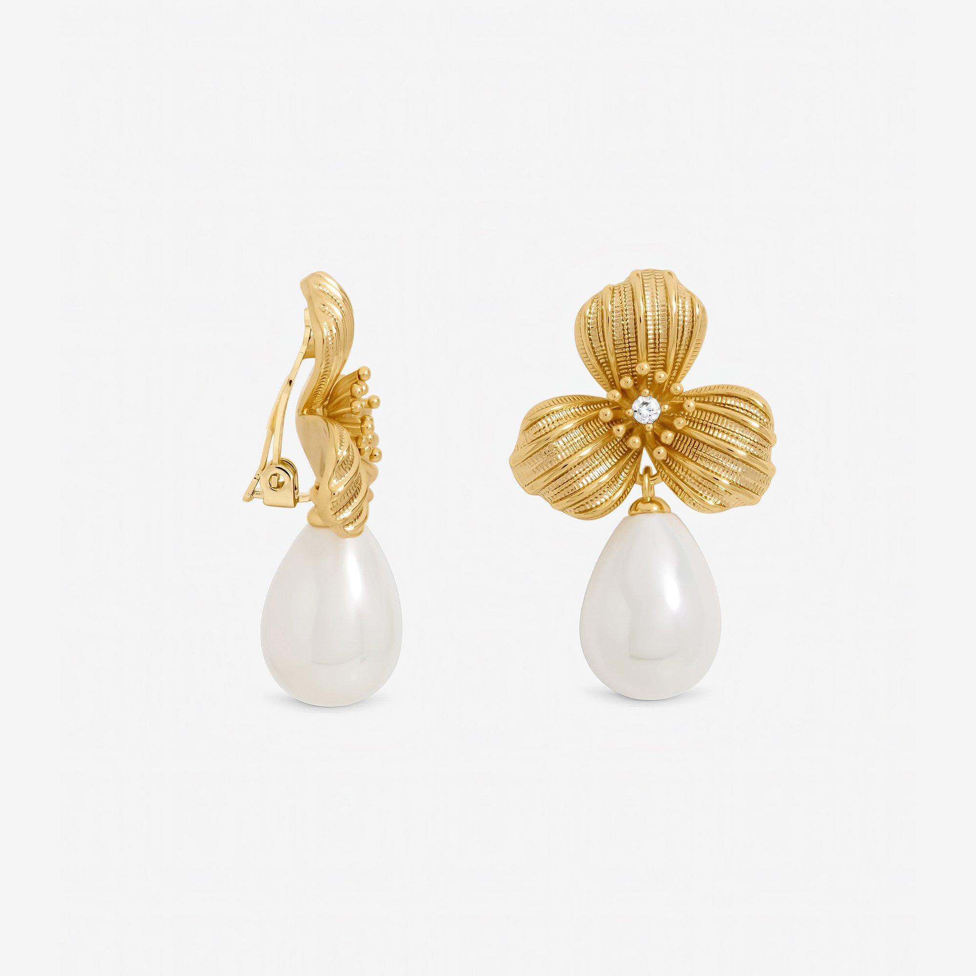 Cream - Jon Richard - Textured Floral and Pearl Drop Clip Earrings