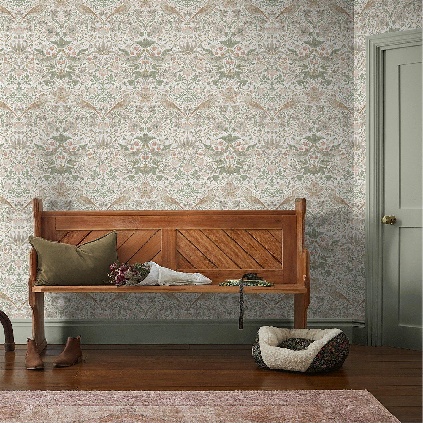 William Morris At Home  Strawberry Thief Sage/Pink Wallpaper - Sage & Pink