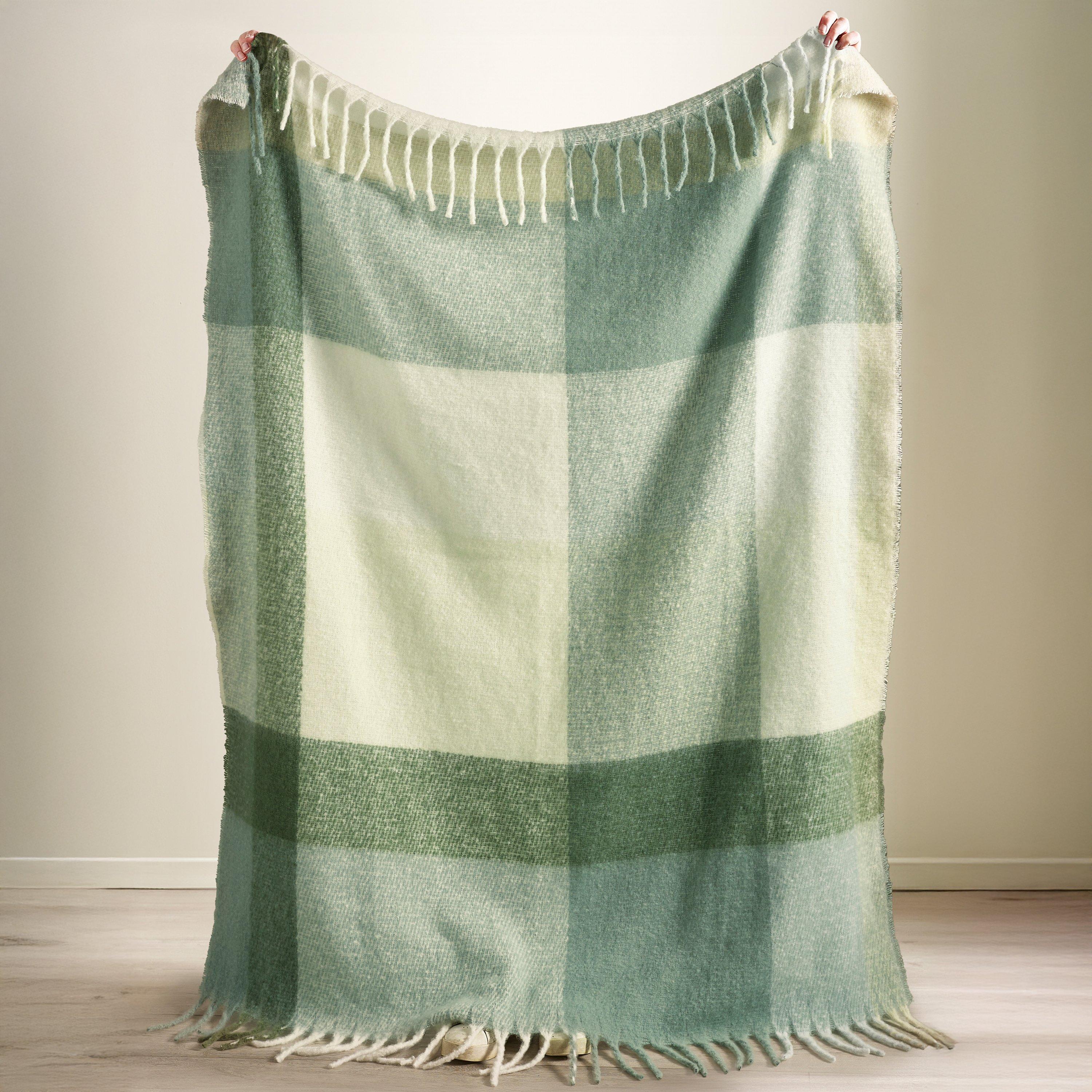 Green - Catherine Lansfield - Faux Mohair Check Sofa Throw - 2