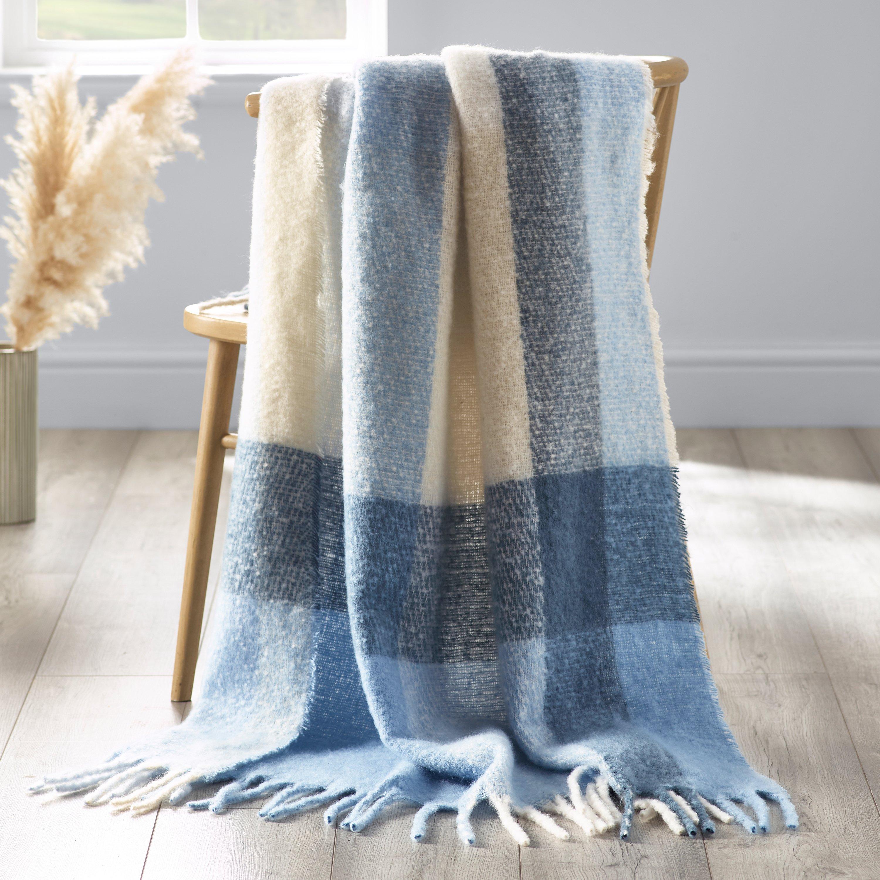 Blue - Catherine Lansfield - Faux Mohair Check Sofa Throw - 1