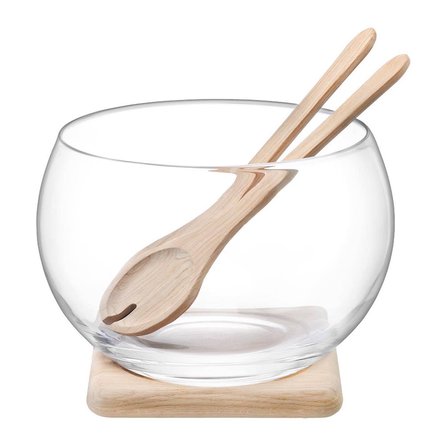 Clear - LSA - Serve Glass Salad Set and Oak Base - 1