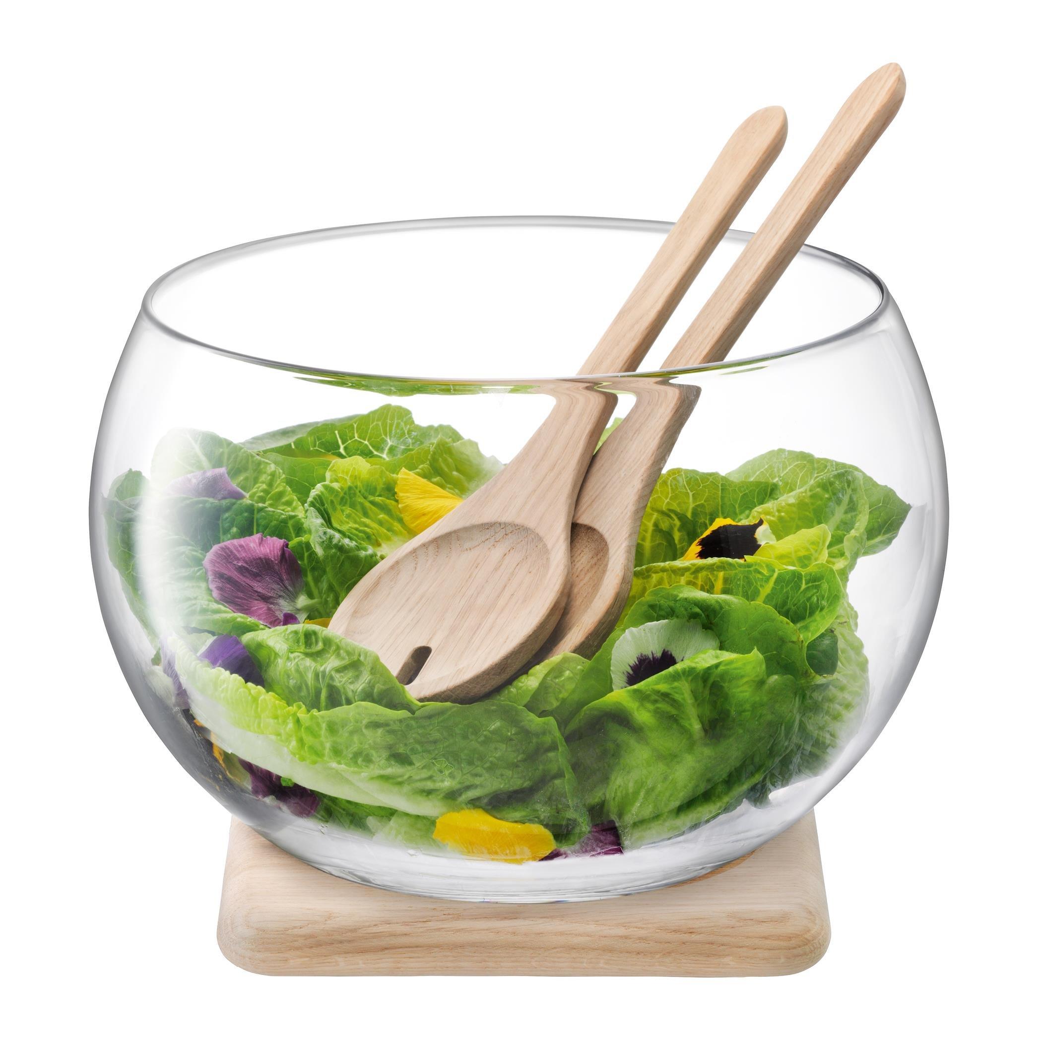 Clear - LSA - Serve Glass Salad Set and Oak Base - 3