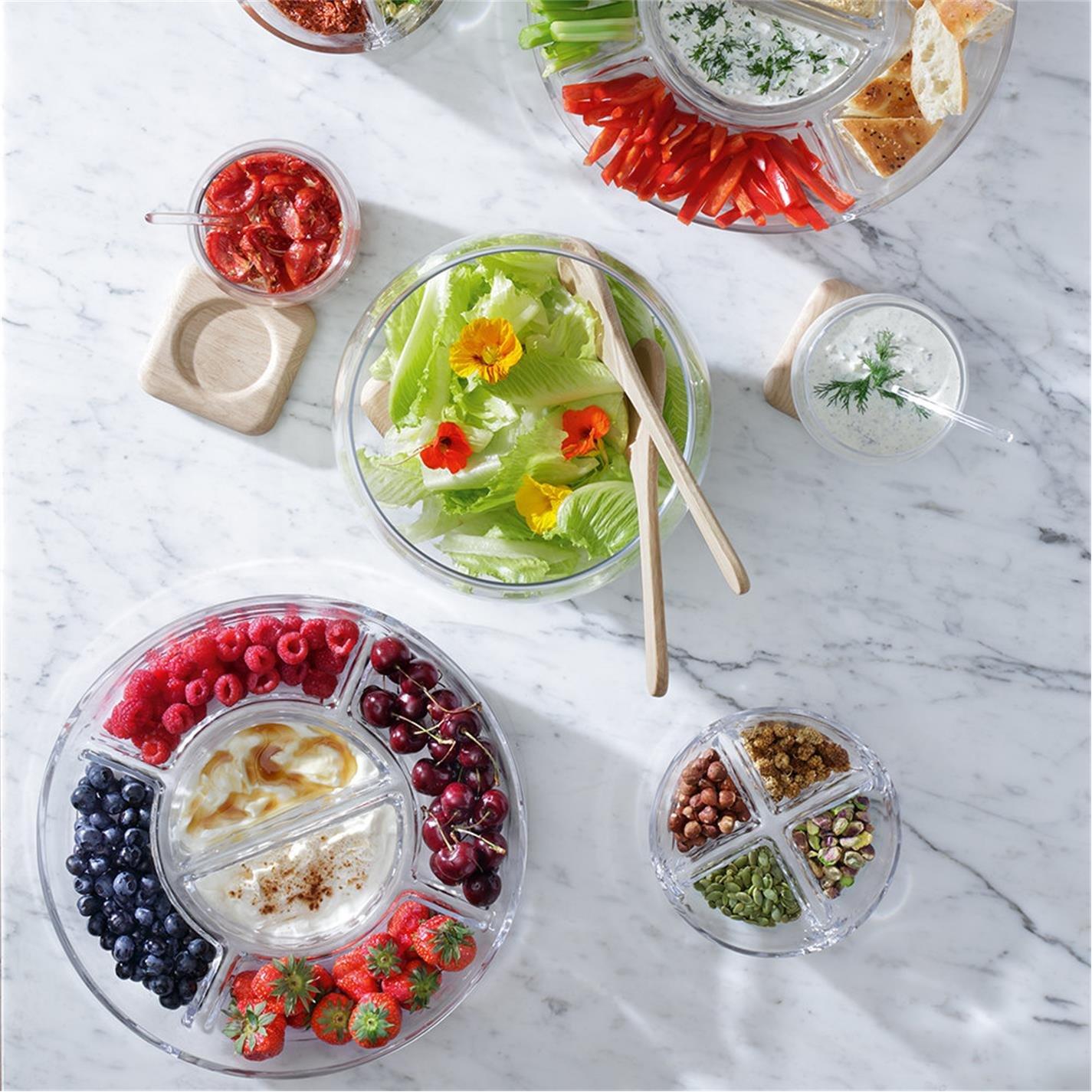 Clear - LSA - Serve Glass Salad Set and Oak Base - 4