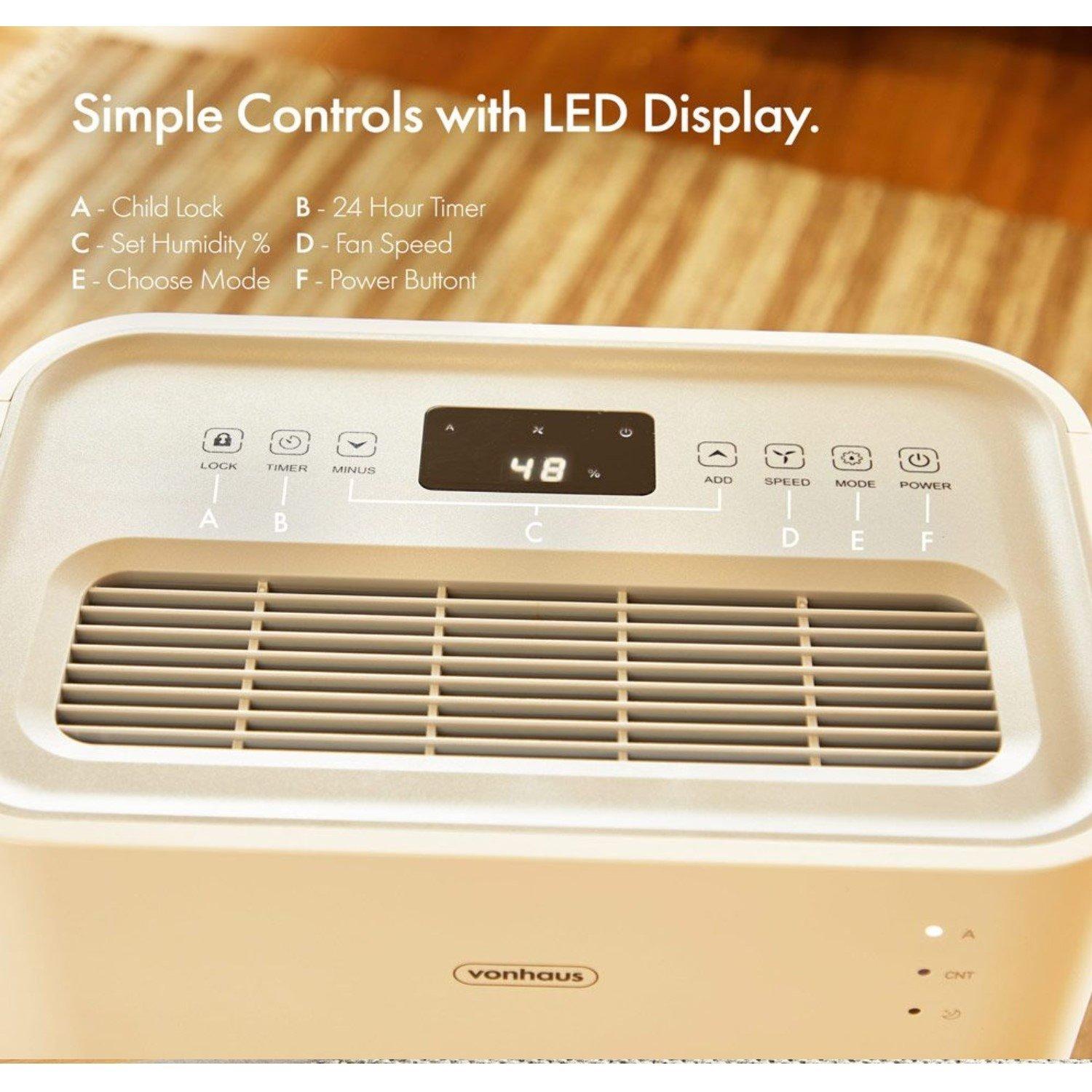 White - VonHaus - 20L Portable Dehumidifier with Laundry Mode - 4