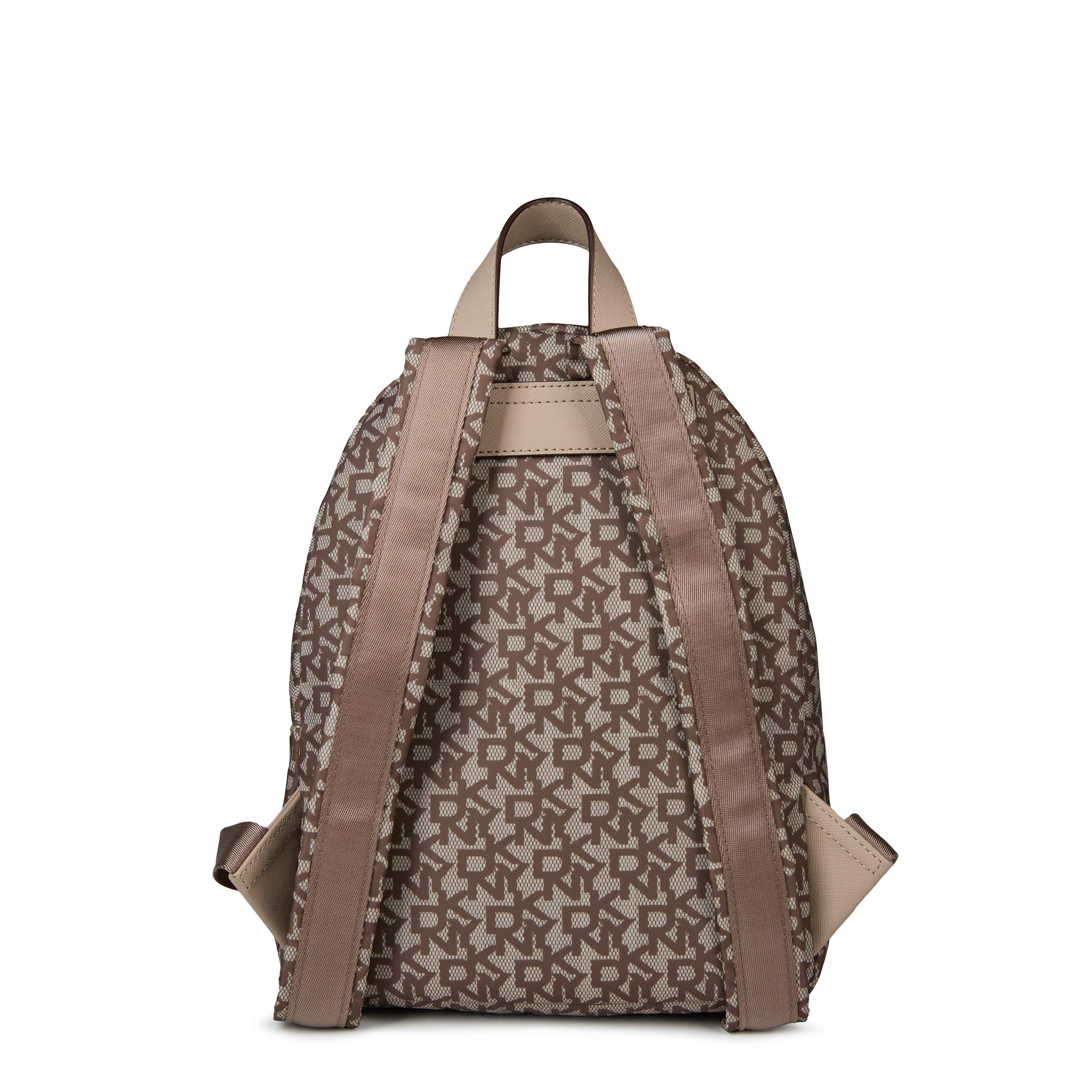 dnky mini backpack DKNY 421 Autograph lining made of black textile with woven logo one main compartment one zippered pocket three open pockets key holder logo plate Outside DKNY Alexa Embossed Small Backpack