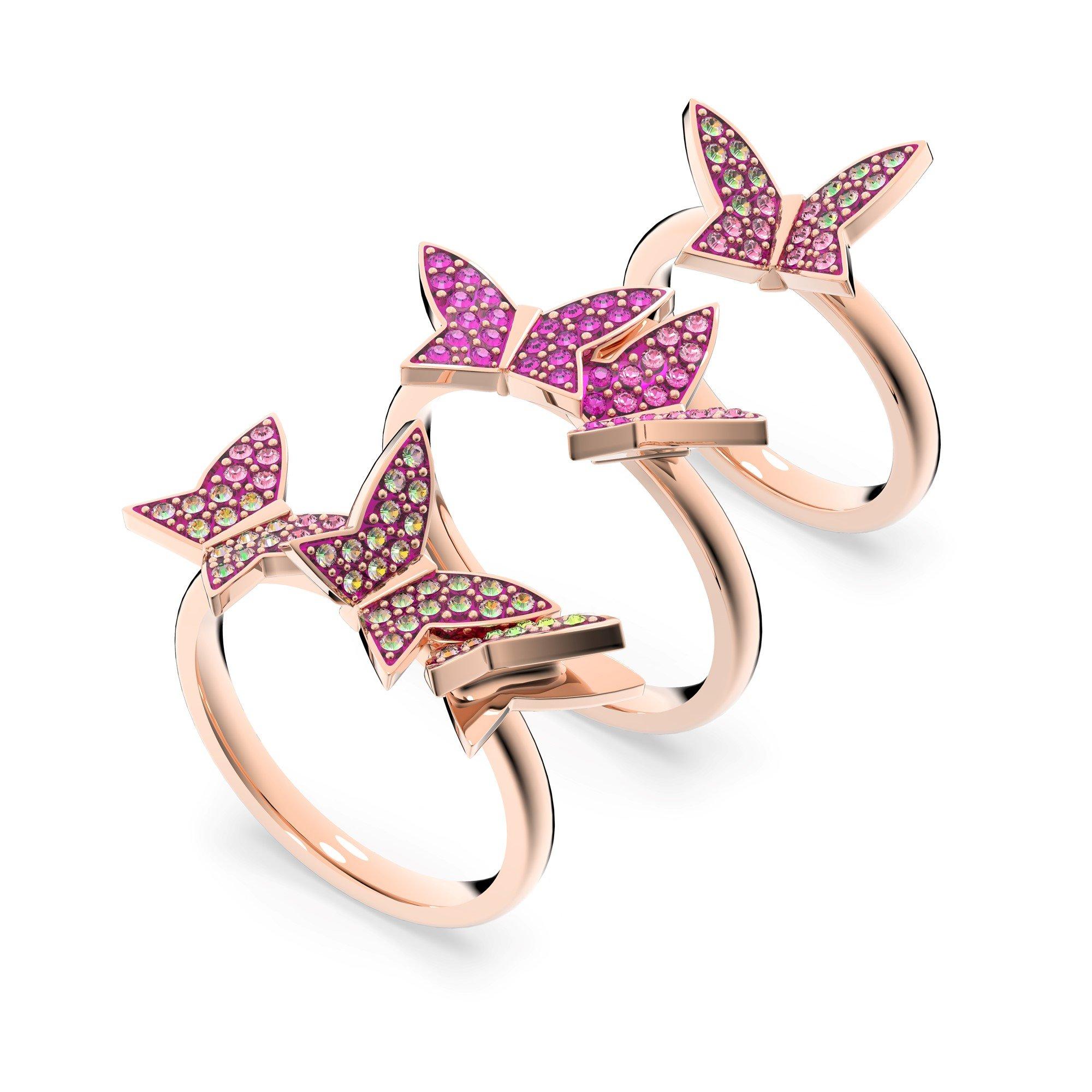 Swarovski Lilia ring, Set (3), Butterfly, Pink, Rose gold-tone
