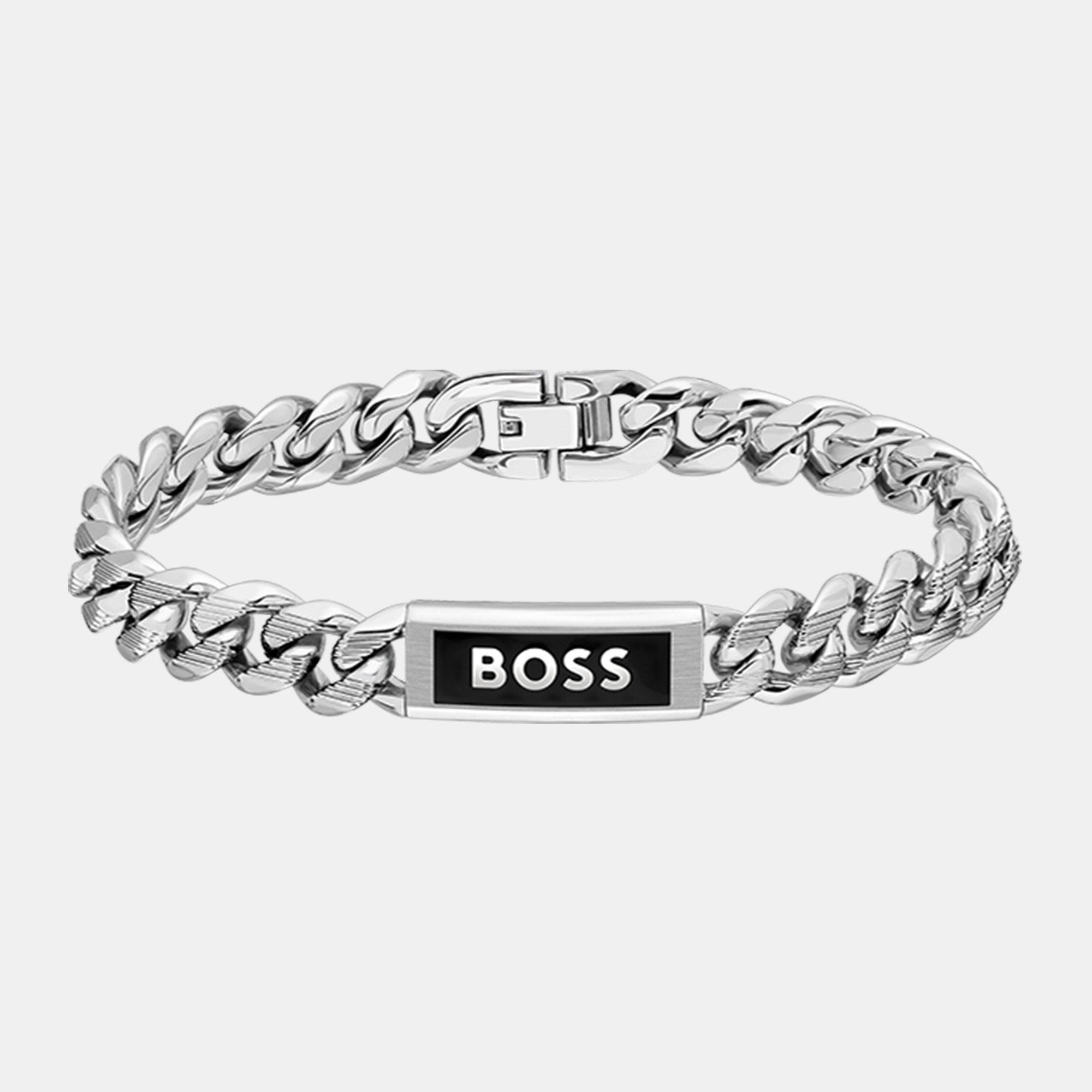Silver - Boss - Gents BOSS Kassy Emblem Stainless Steel Black IP Pendant Bracelet - 1