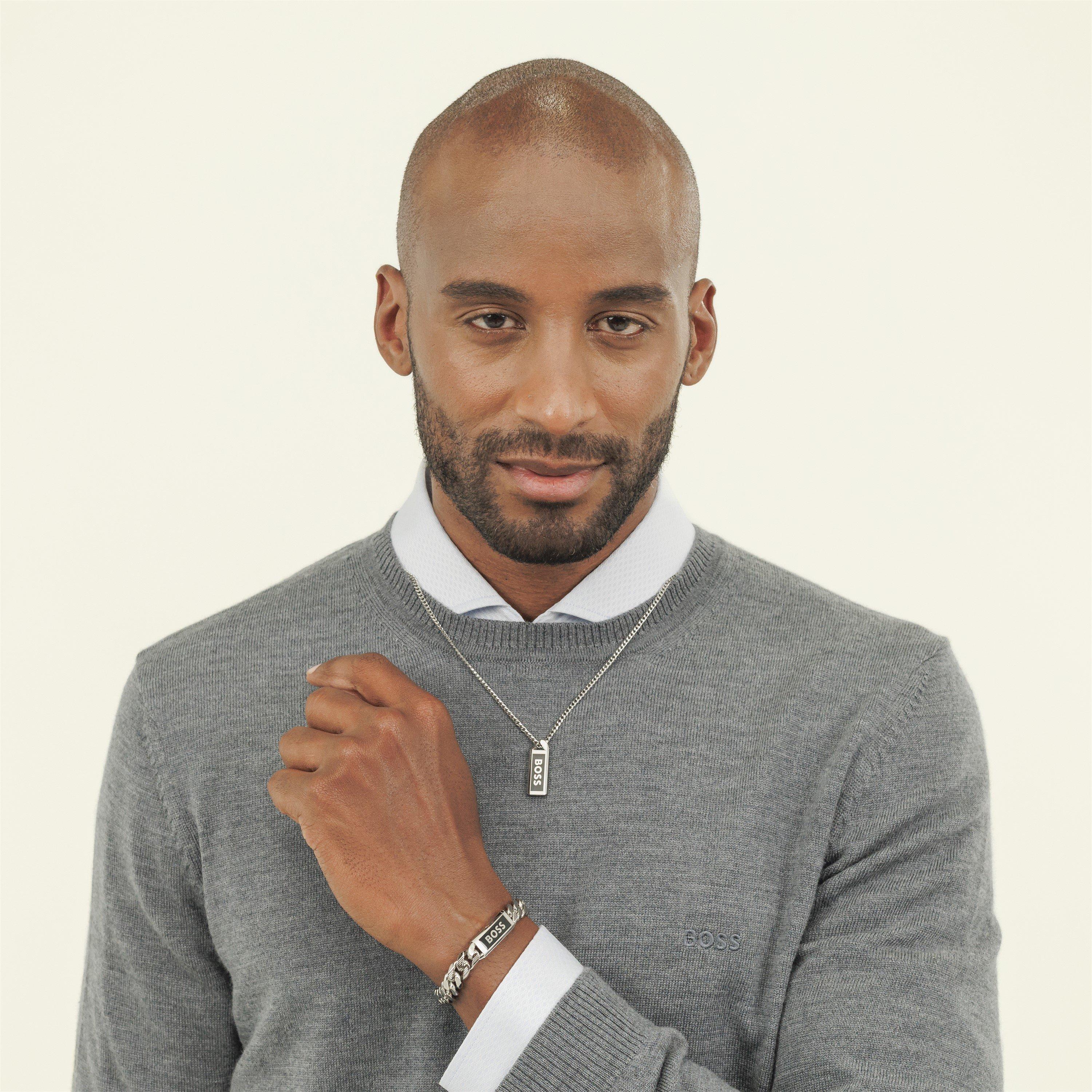 Silver - Boss - Gents BOSS Kassy Emblem Stainless Steel Black IP Pendant Bracelet - 3