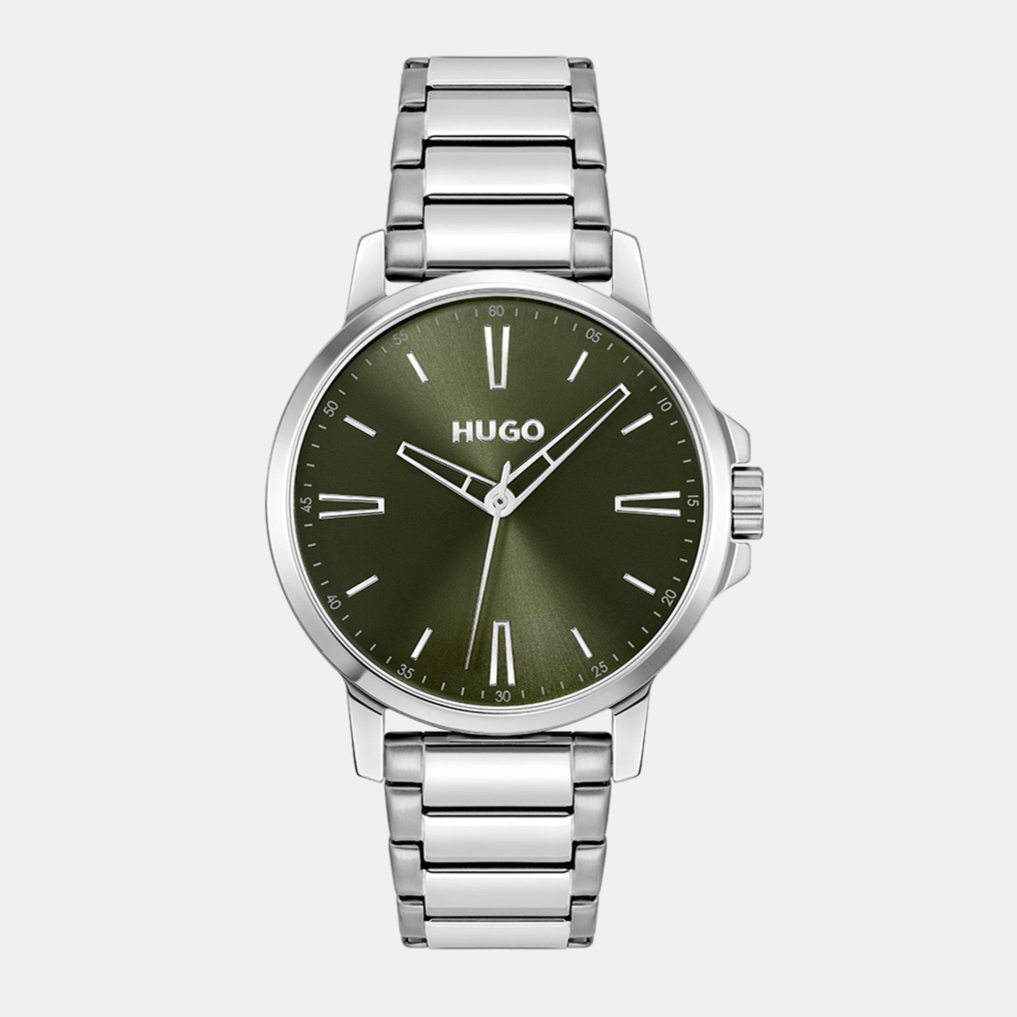 Silver - Hugo - Gents HUGO #SMOOTH Stainless Steel Bracelet Watch with Green Dial - 1