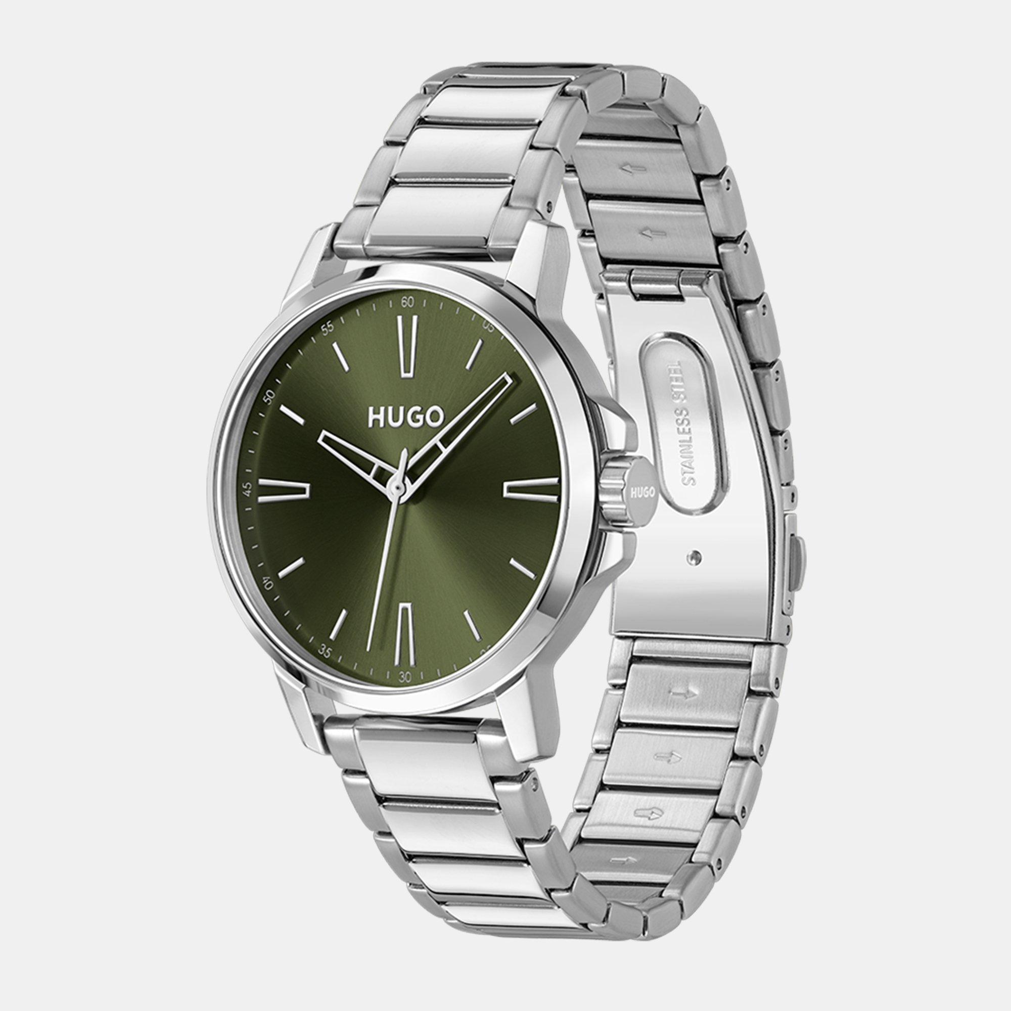 Silver - Hugo - Gents HUGO #SMOOTH Stainless Steel Bracelet Watch with Green Dial - 3