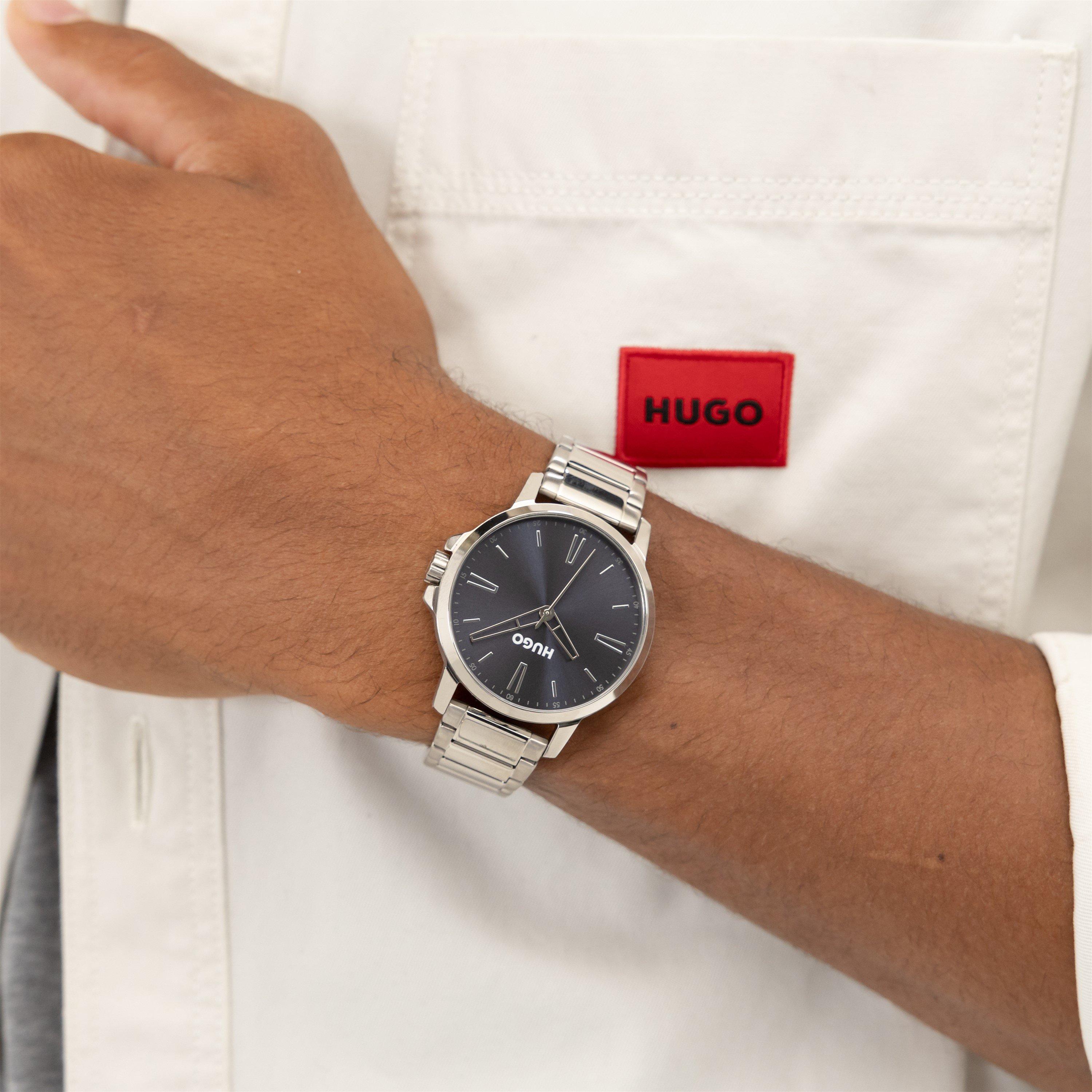 Silver - Hugo - Gents HUGO #SMOOTH Stainless Steel Bracelet Watch with Green Dial - 4