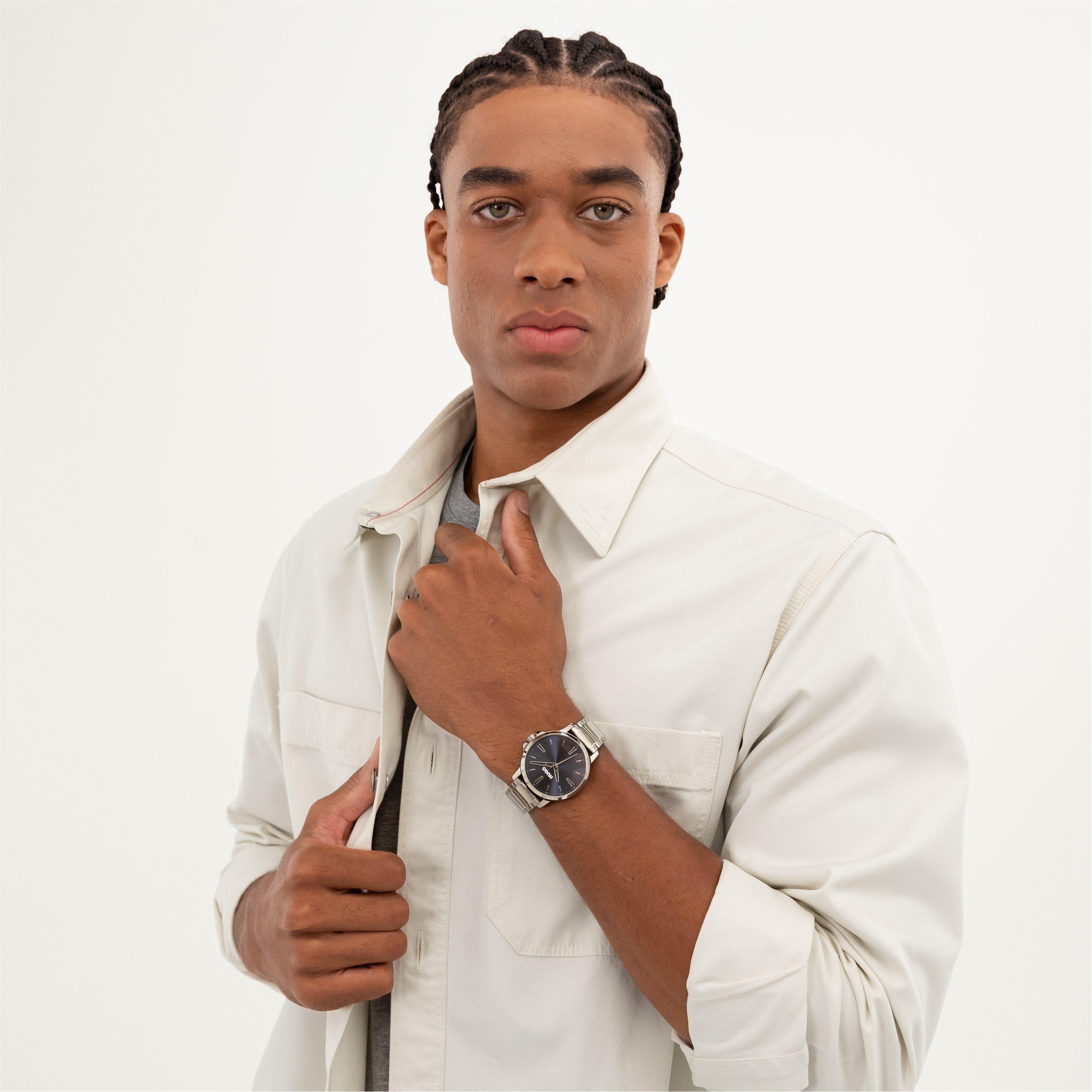 Silver - Hugo - Gents HUGO #SMOOTH Stainless Steel Bracelet Watch with Green Dial - 5