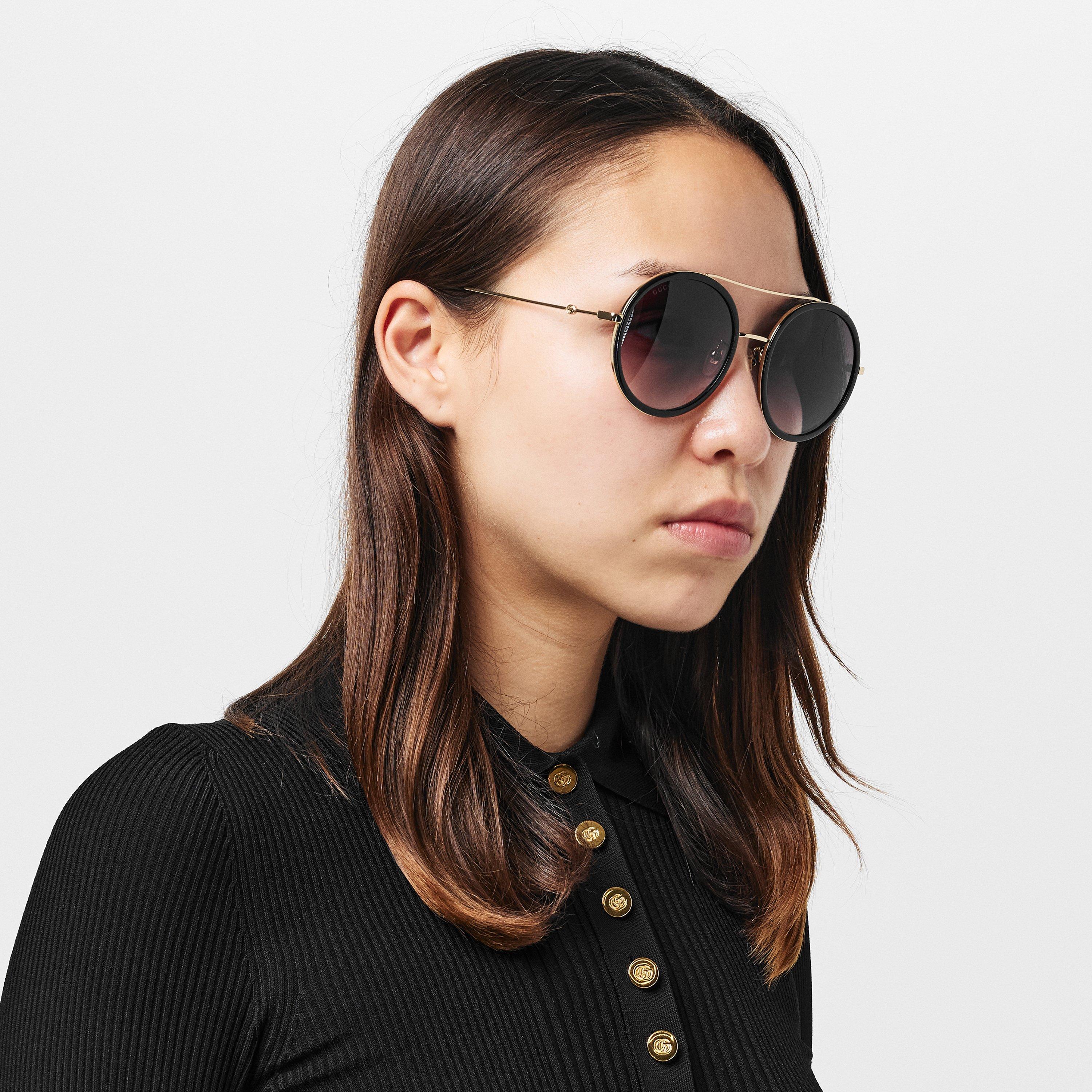Gold/Grey - Gucci - Women's Stripe Round Pilot Sunglasses - 3