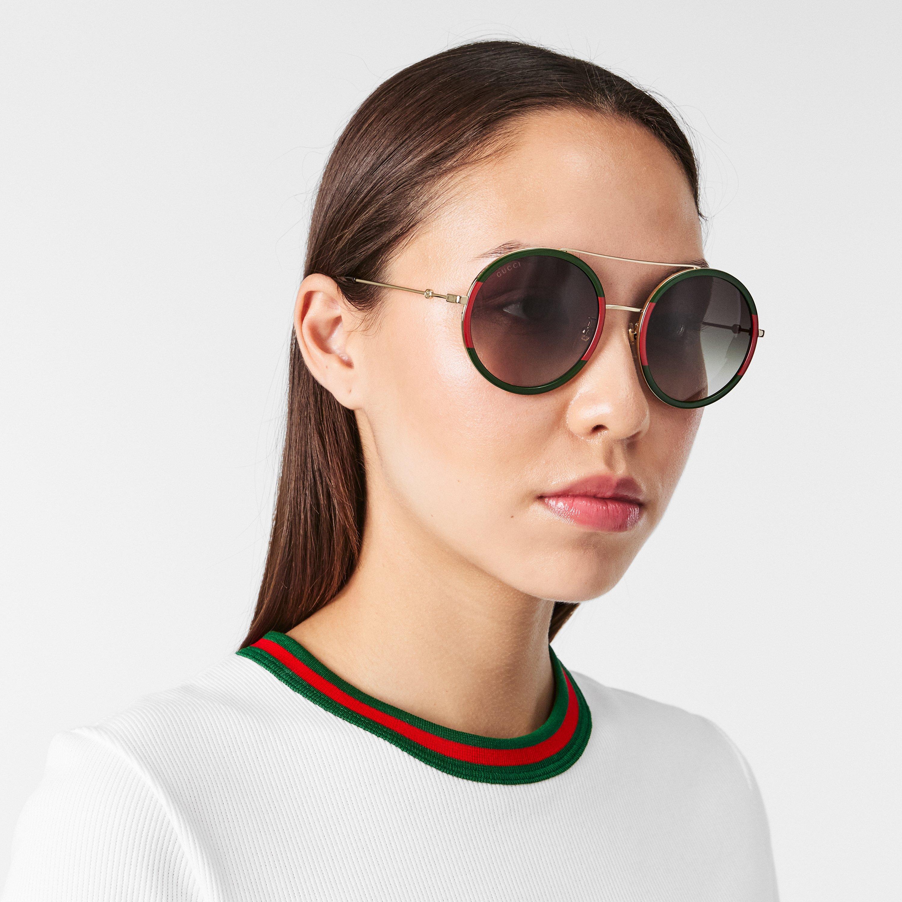Gld/Gld/Green - Gucci - Women's Stripe Round Pilot Sunglasses - 3