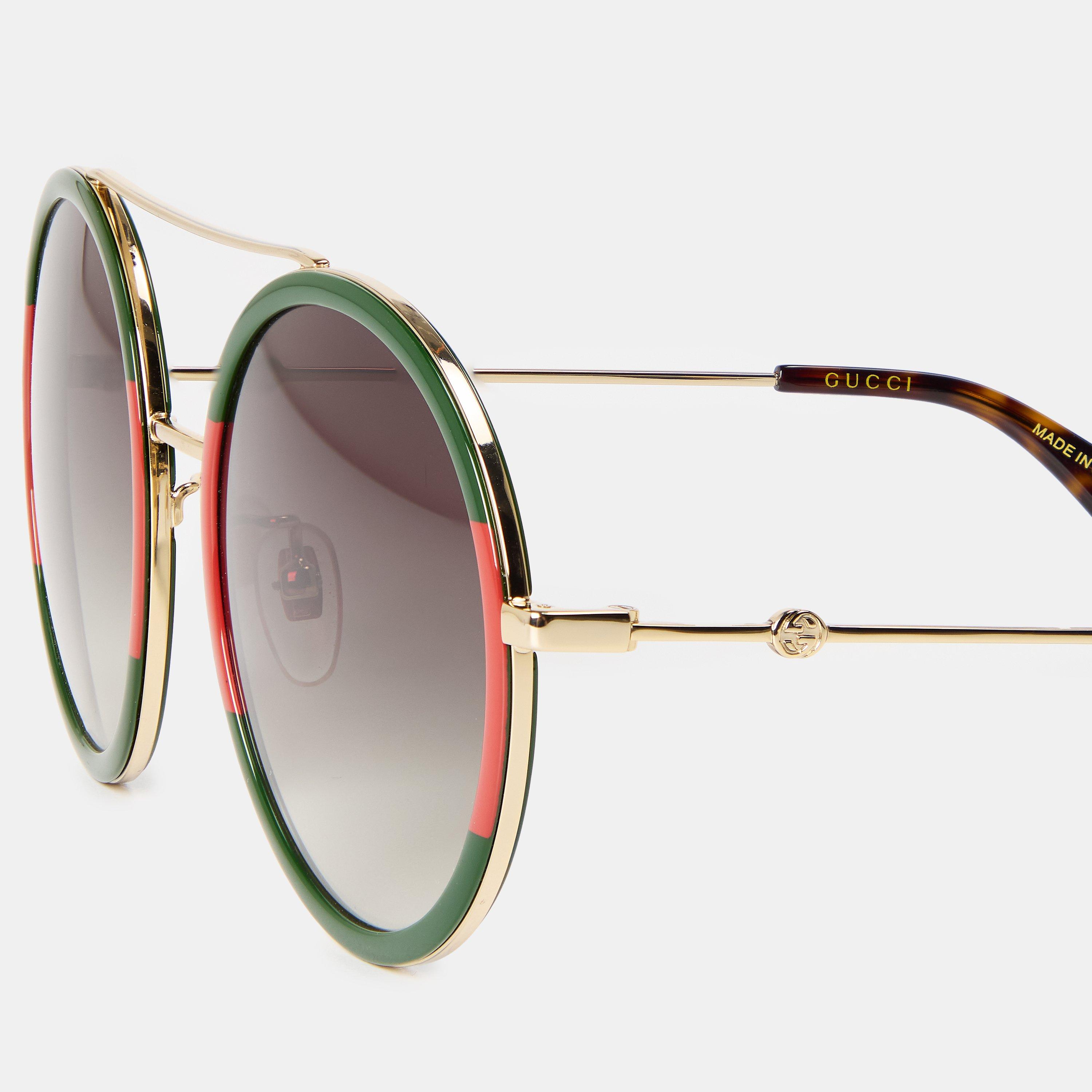 Gld/Gld/Green - Gucci - Women's Stripe Round Pilot Sunglasses - 4