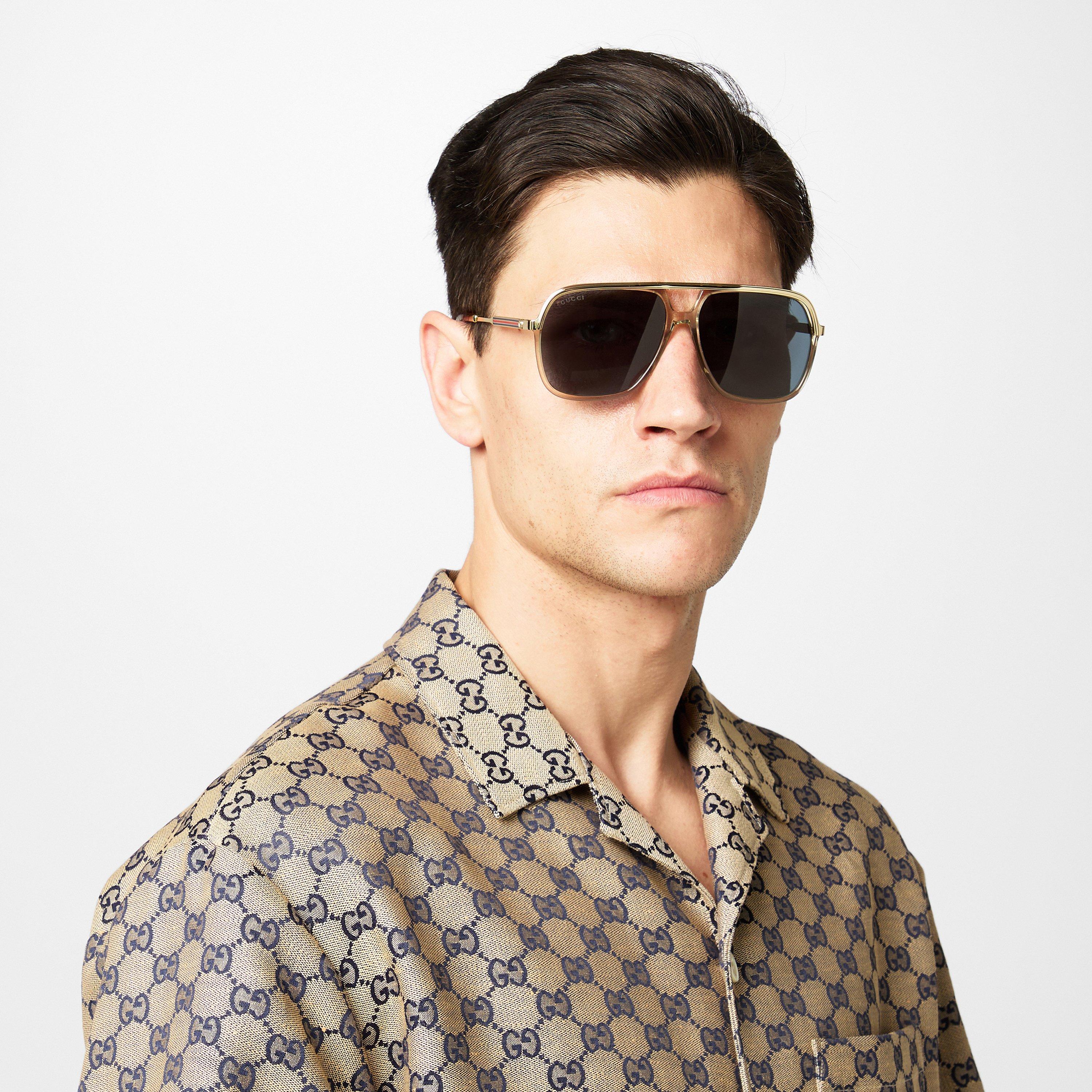 Brown/Gld/Blue - Gucci - Men's Oversized Aviator Sunglasses - 2