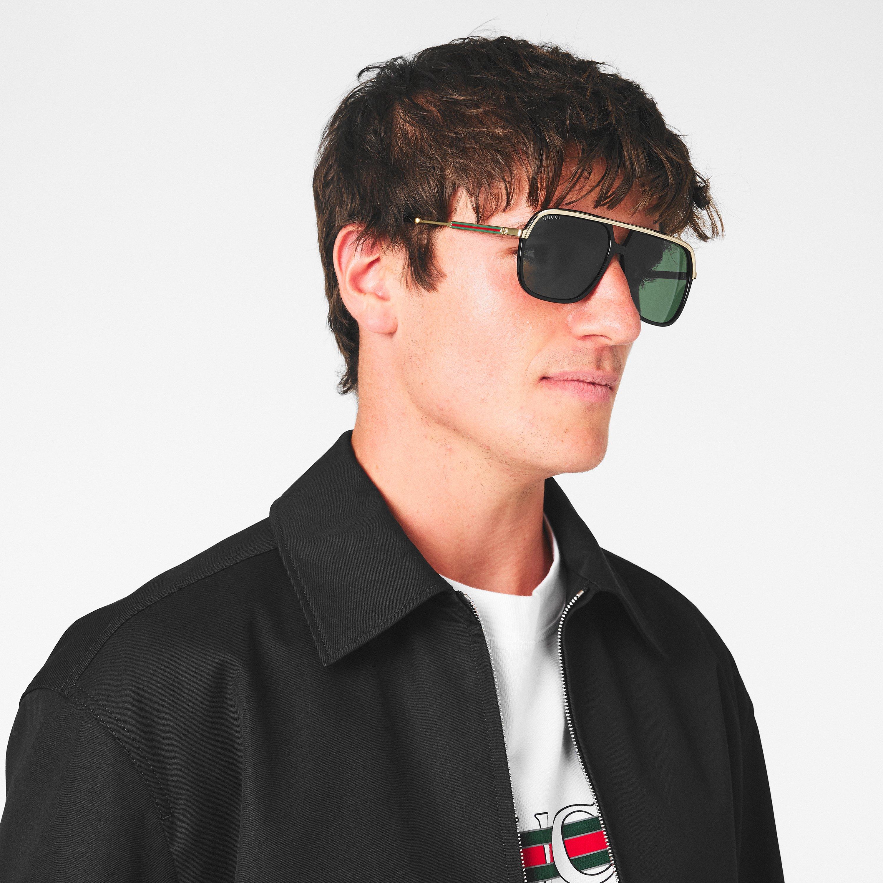 Blk/Gld/Green - Gucci - Men's Oversized Aviator Sunglasses - 3