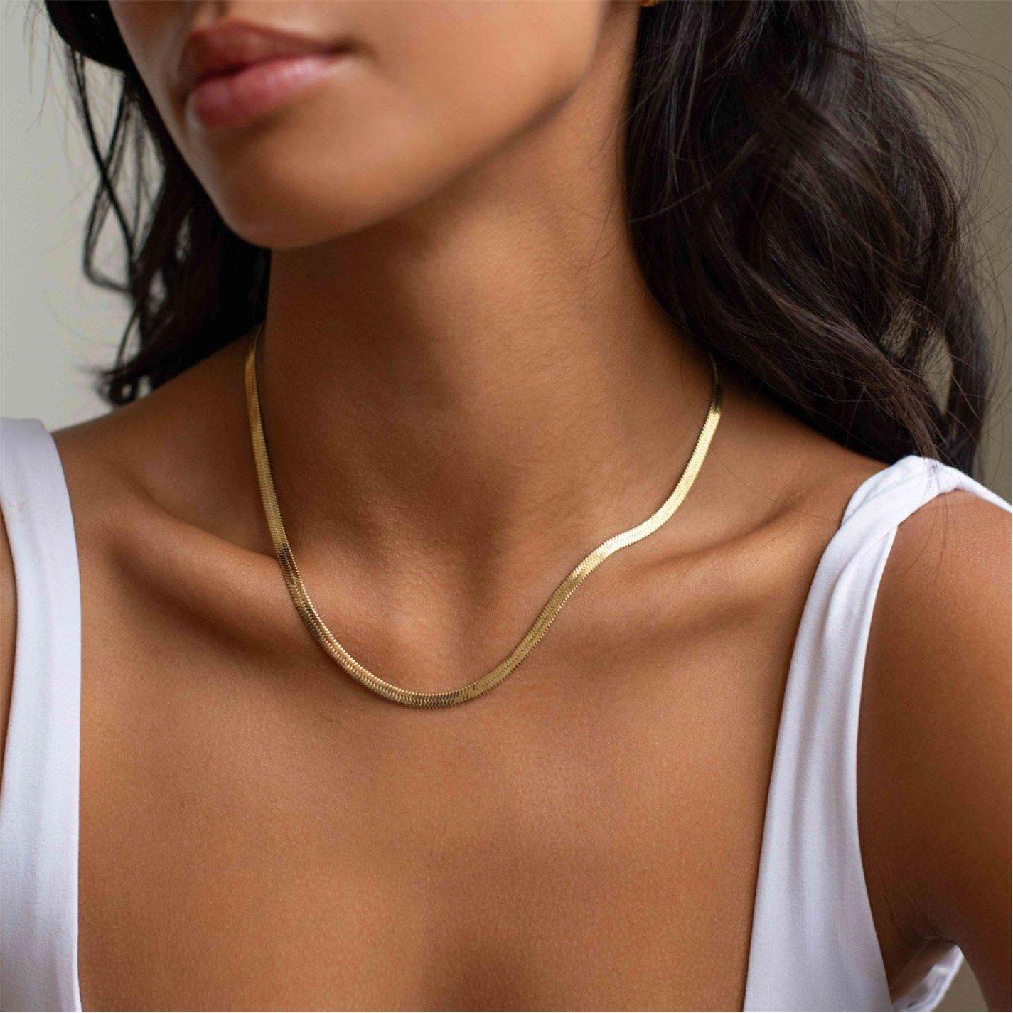 Gold - D.Louise - Women's Gold Herringbone Chain Necklace - 5