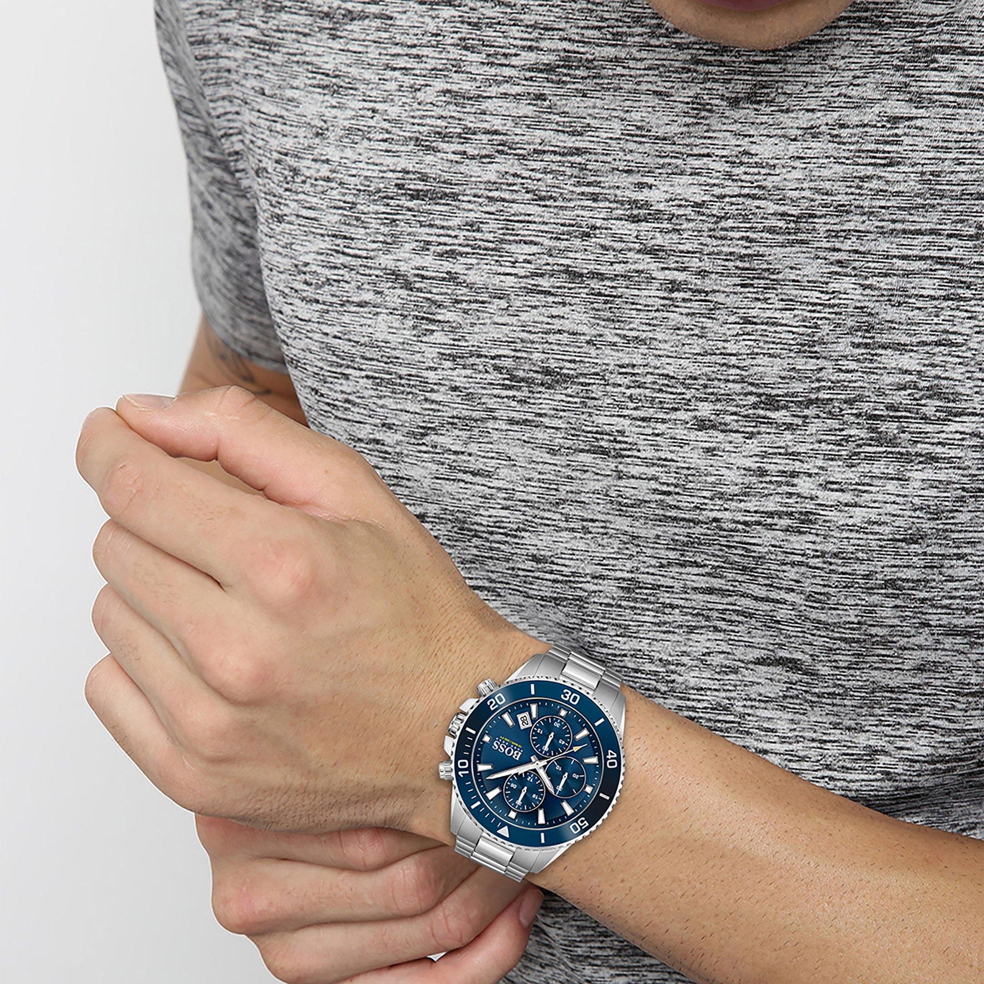 Sølv/Blå - Boss - Gents BOSS Admiral Stainless Steel Mesh Strap Watch - 4
