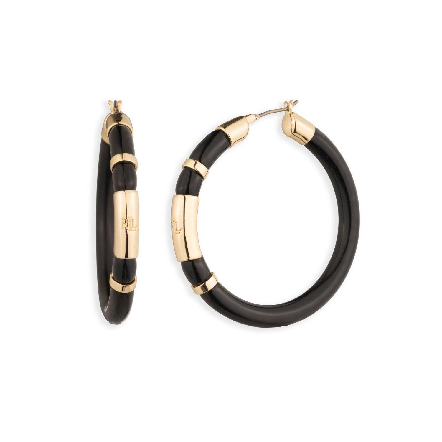 GLD - Lauren by Ralph Lauren - Lauren Ralph Lauren Black & Gold Logo Hoop Earrings - 1