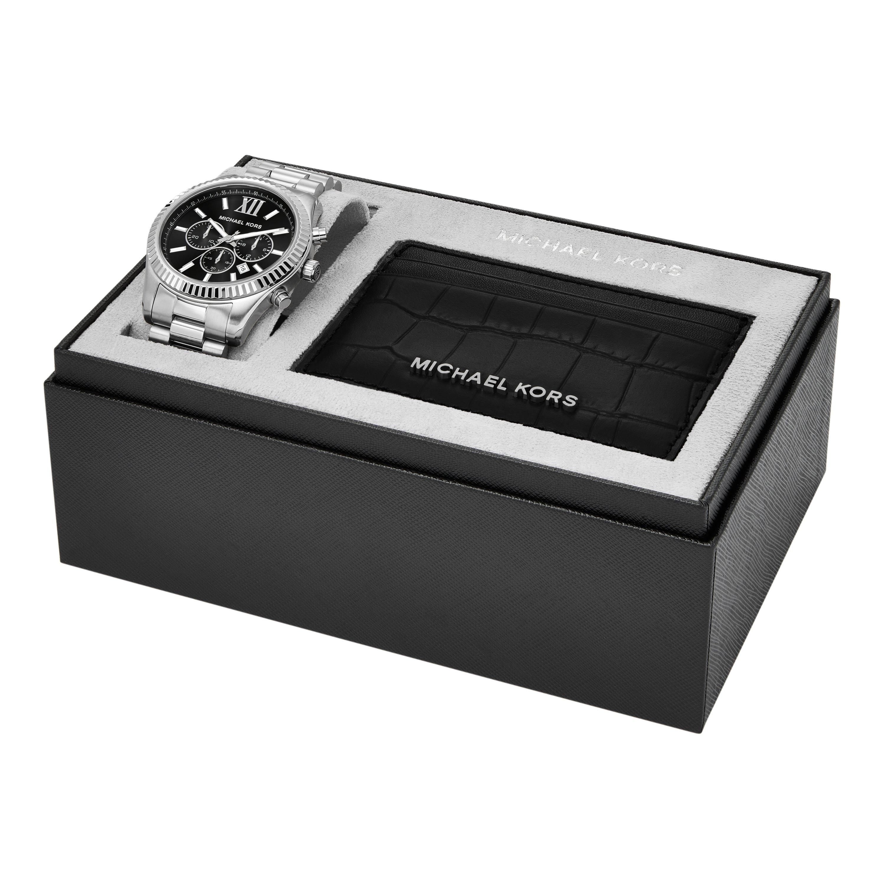 Silver - Michael Kors - Michael Kors Lexington Chronograph Stainless Steel Watch and Card Case Gift Set MK1091SET - 2