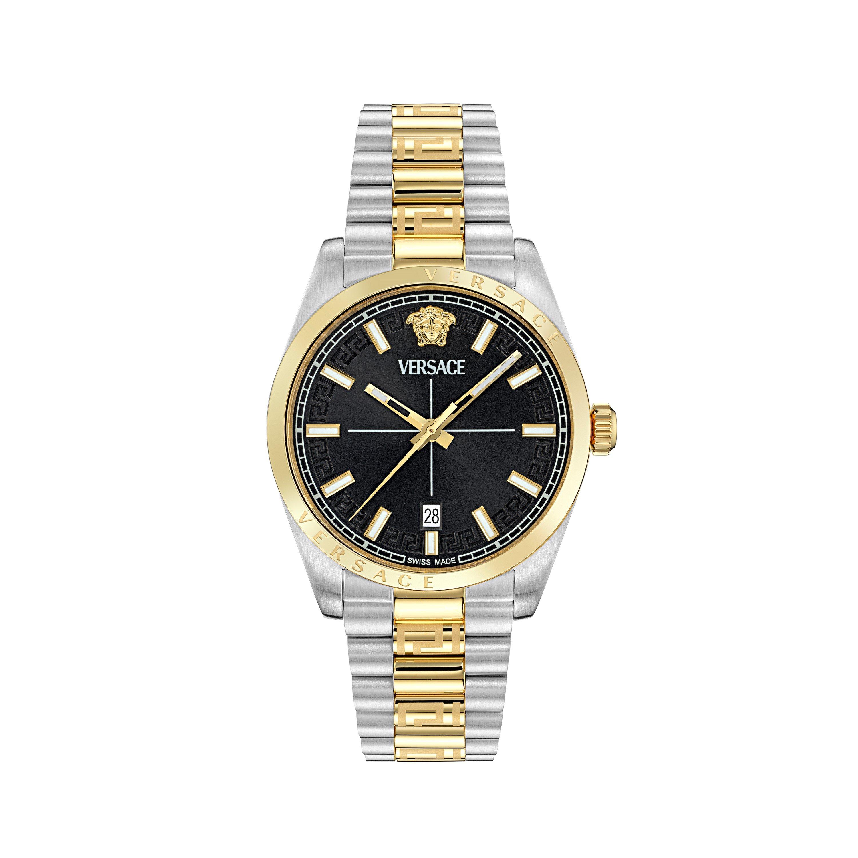 Versace 40mm Mens Two-Tone Gold Watch with Black Dial and Greek Motif - Image 3