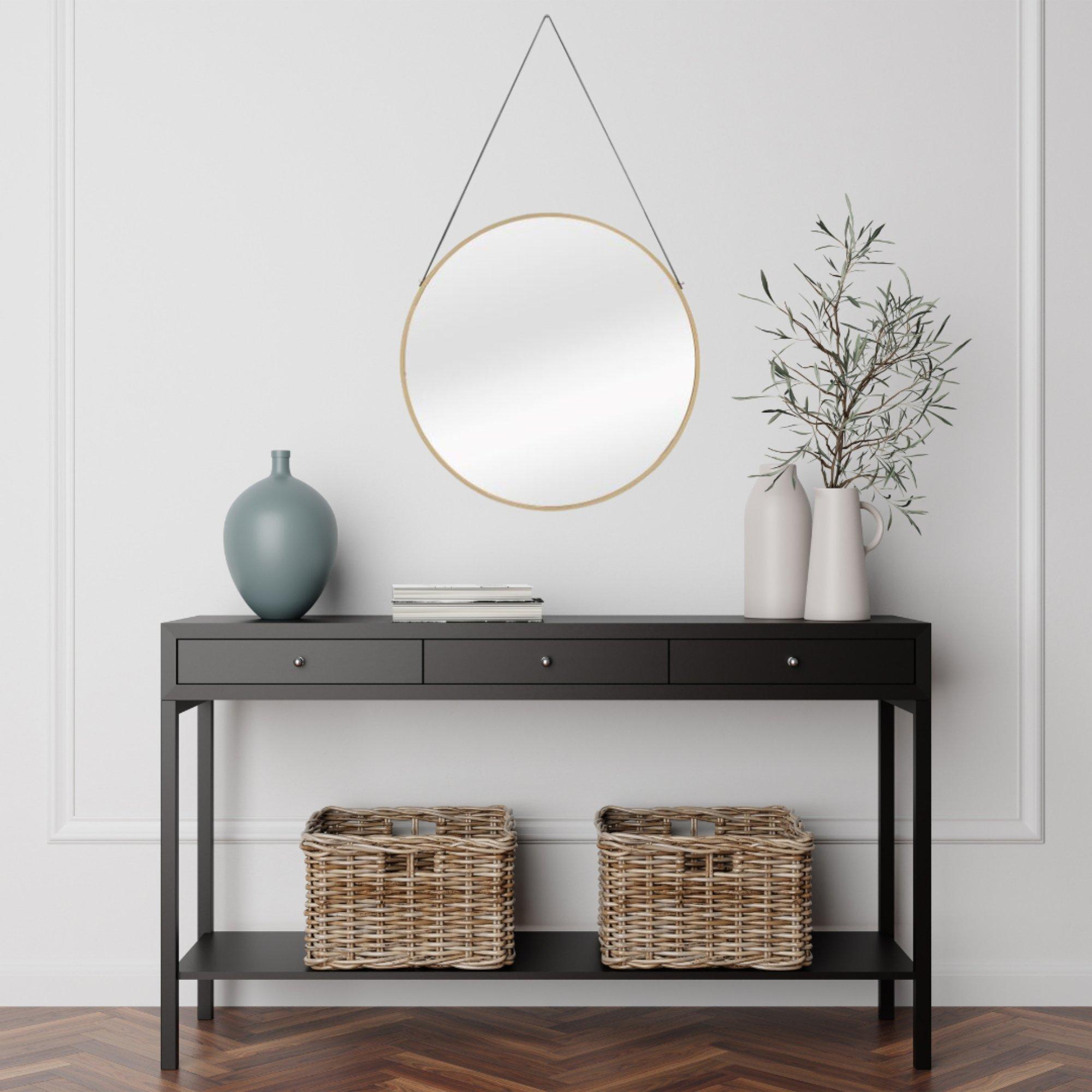 Gold - Nestwell - Amos Round Metal Mirror With Leather Hanging Strap - 2