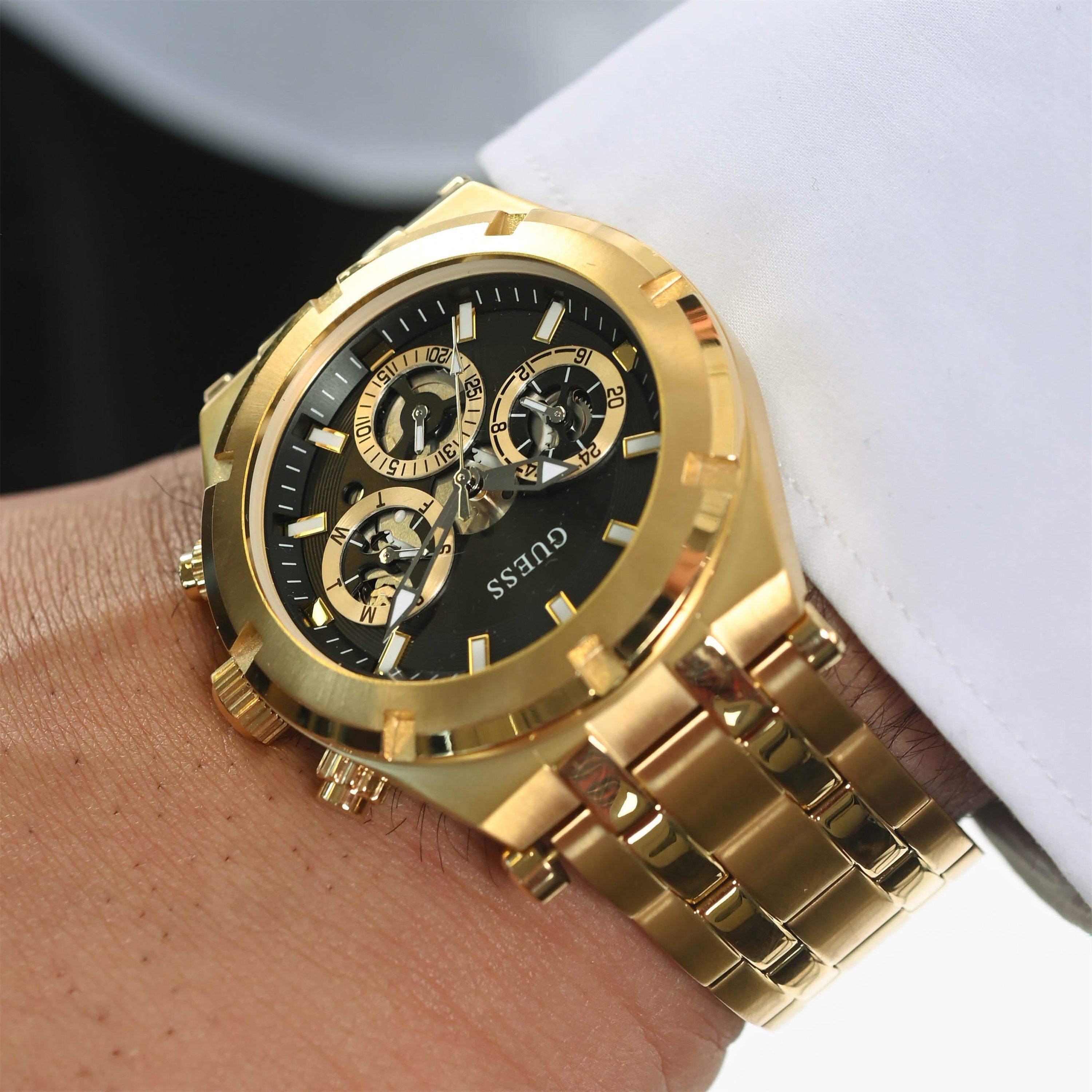 Gold - Guess - Guess Gents Gold Watch With Black Dial - 4