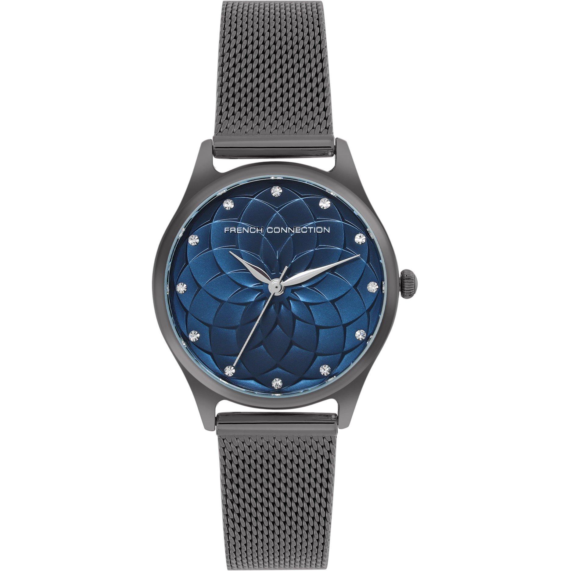 French Connection Connection Cleo Round Analog Watch With Gun Mesh Strap for Women
