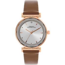 French Connection Connection Cary SILVER Round Analog Watch With Brown Leather Strap for Women