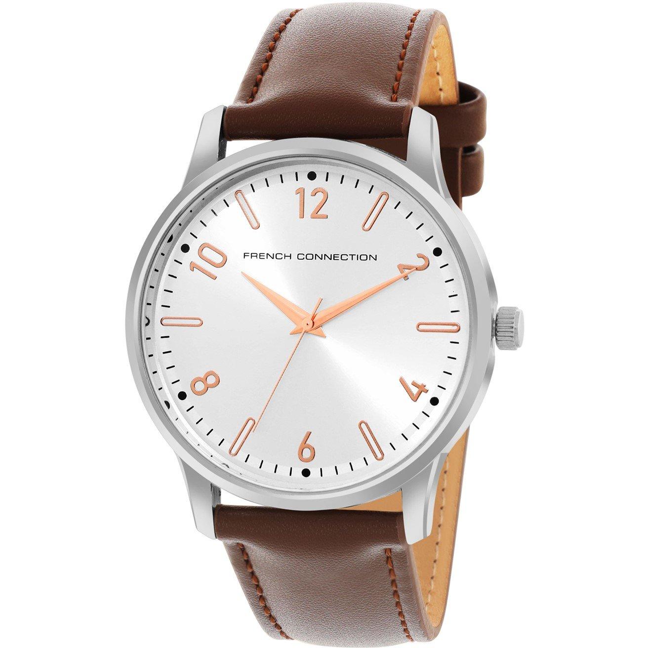 White - French Connection - French Connection Silver Case Round Shape Brown Strap Quartz Watch - 2