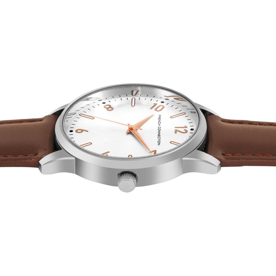 White - French Connection - French Connection Silver Case Round Shape Brown Strap Quartz Watch - 3