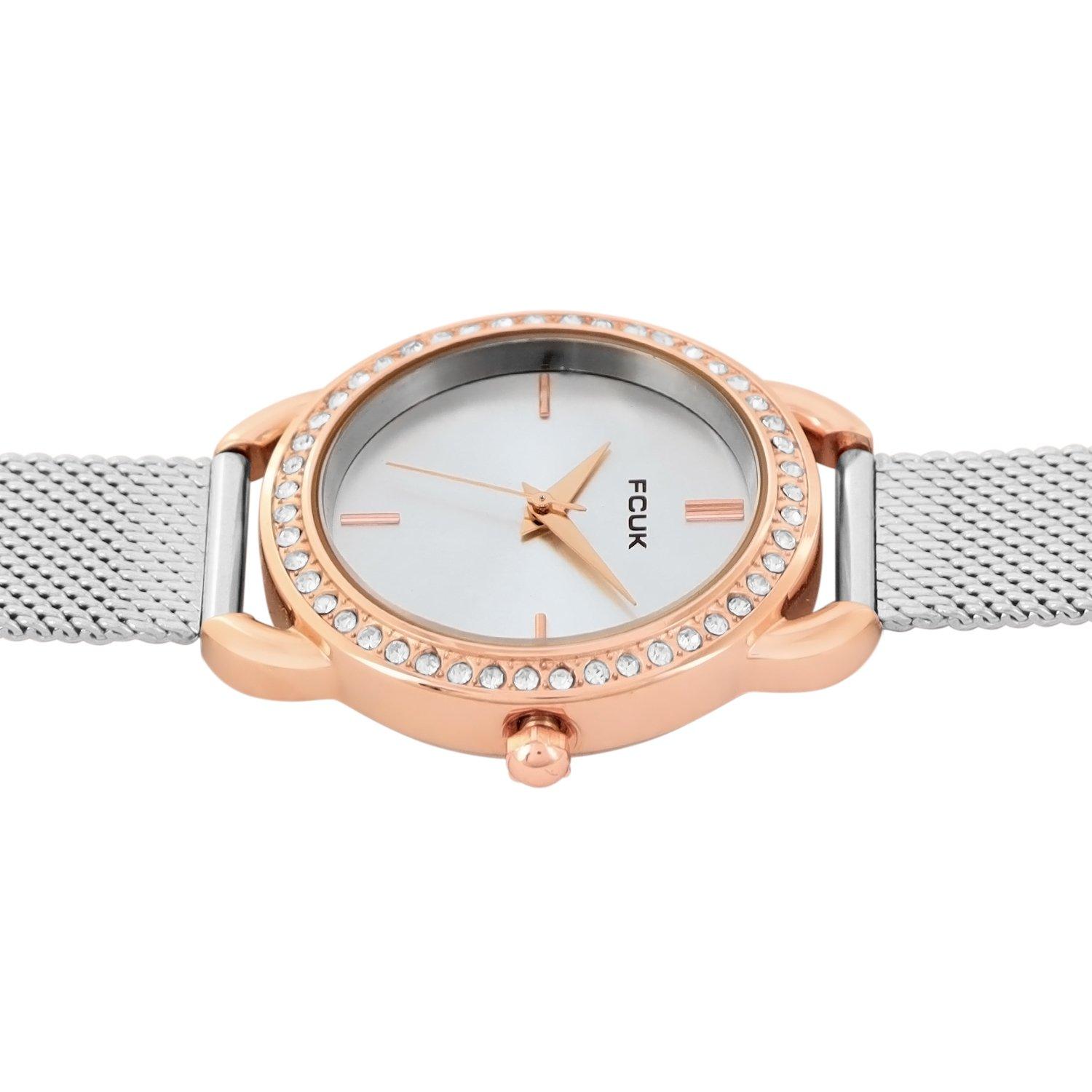 White - French Connection - French Connection Rose Case Round Shape Silver Strap Quartz Watch - 3