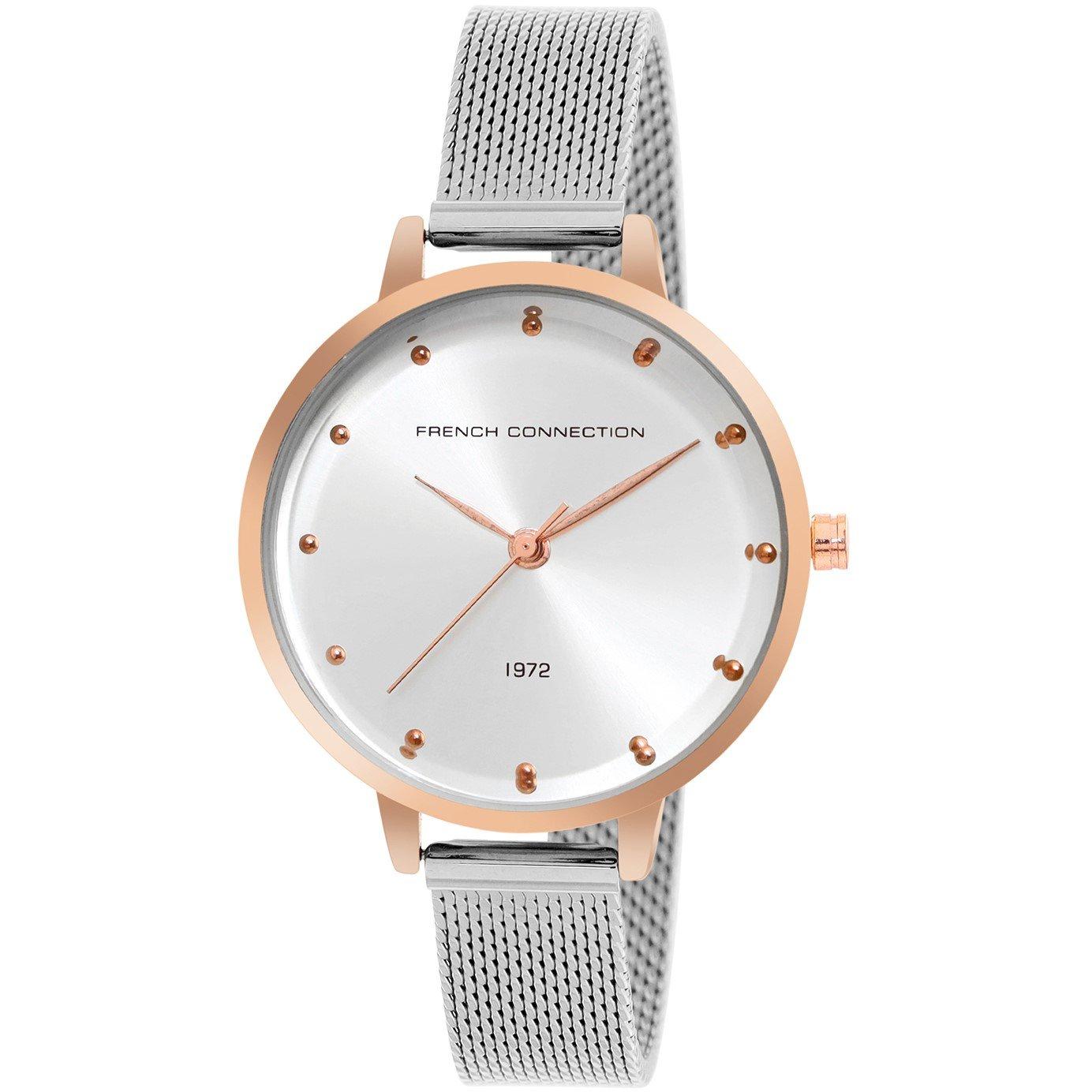 White - French Connection - French Connection Rose Case Round Shape Silver Strap Quartz Watch - 2
