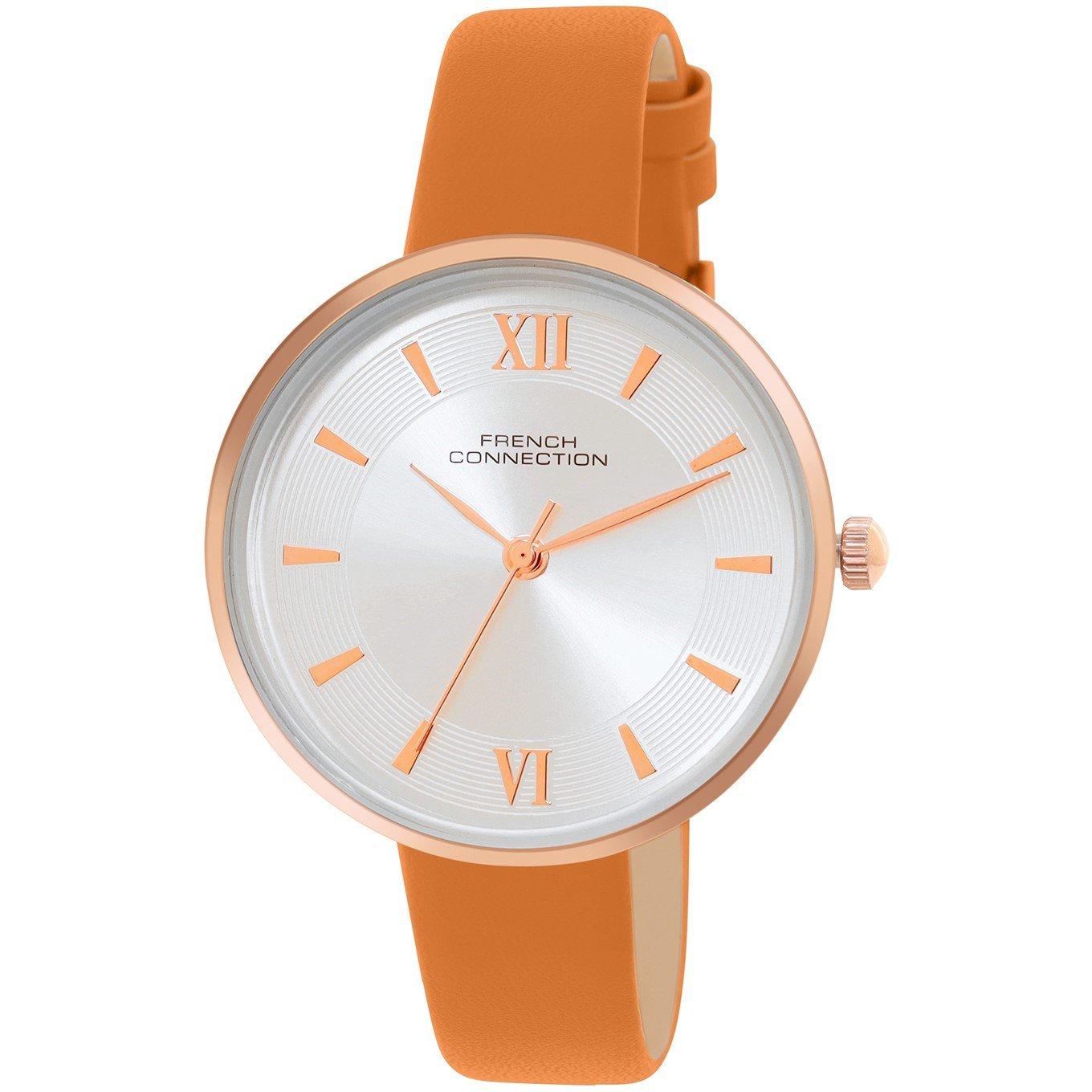 Silver - French Connection - French Connection Rose Case Round Shape Tan Strap Quartz Watch - 2