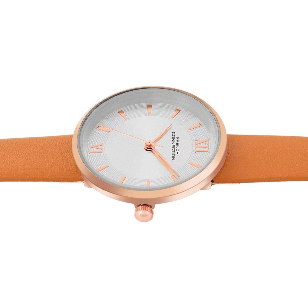 Silver - French Connection - French Connection Rose Case Round Shape Tan Strap Quartz Watch - 3