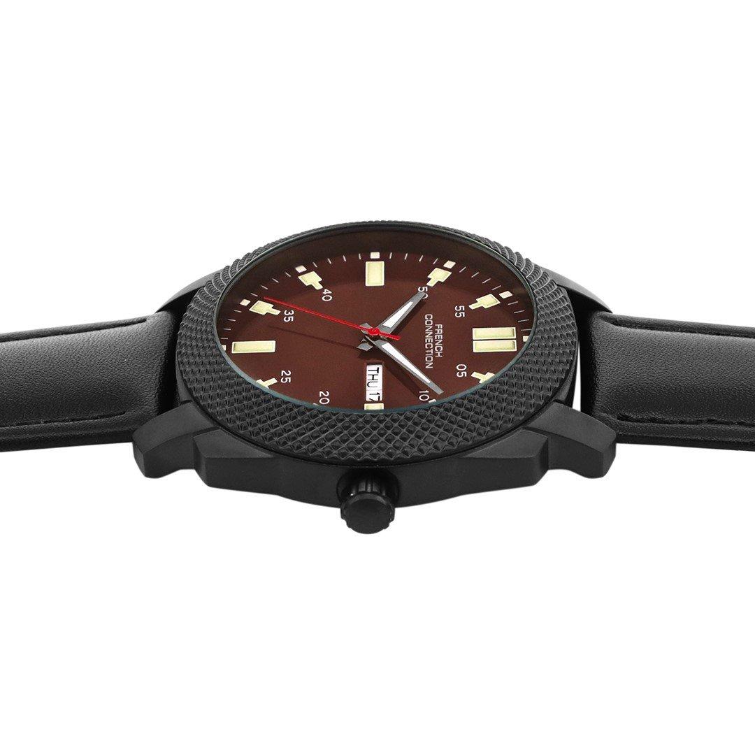 Brown - French Connection - French Connection Black Case Round Shape Black Strap Quartz Watch - 3