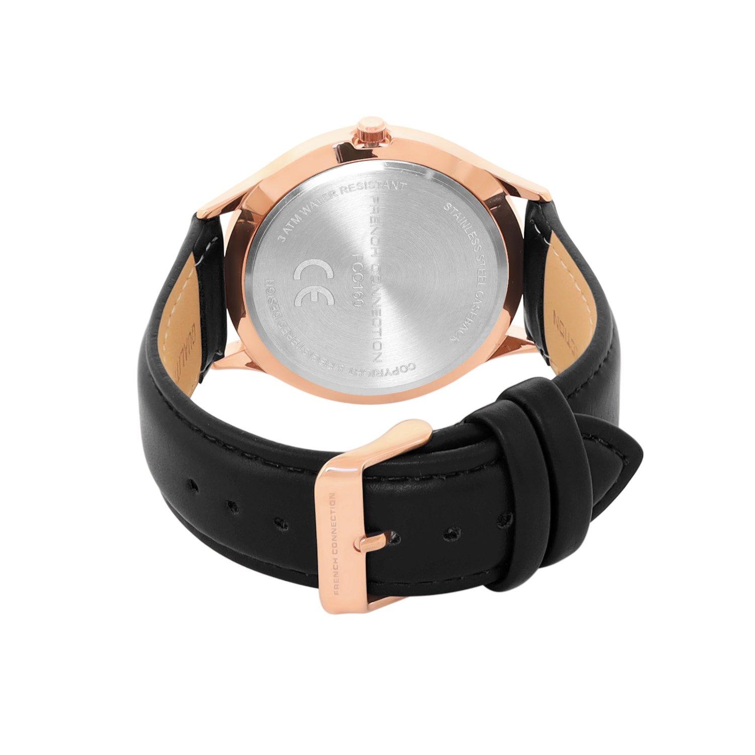 Silver - French Connection - French Connection Rose Case Round Shape Black Strap Quartz Watch - 4