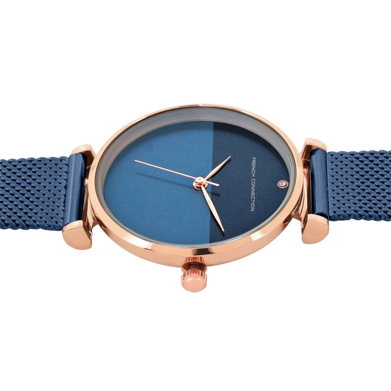 Navy Blue - French Connection - French Connection Rose Case Round Shape Blue Strap Quartz Watch - 3