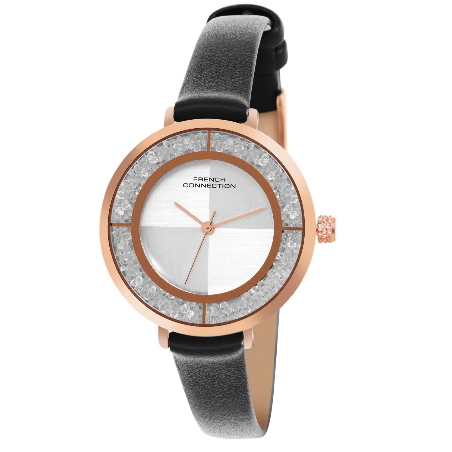 Silver - French Connection - French Connection Rose Case Round Shape Black Strap Quartz Watch - 2