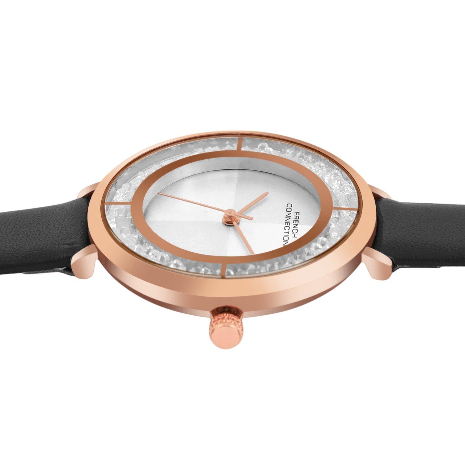 Silver - French Connection - French Connection Rose Case Round Shape Black Strap Quartz Watch - 3