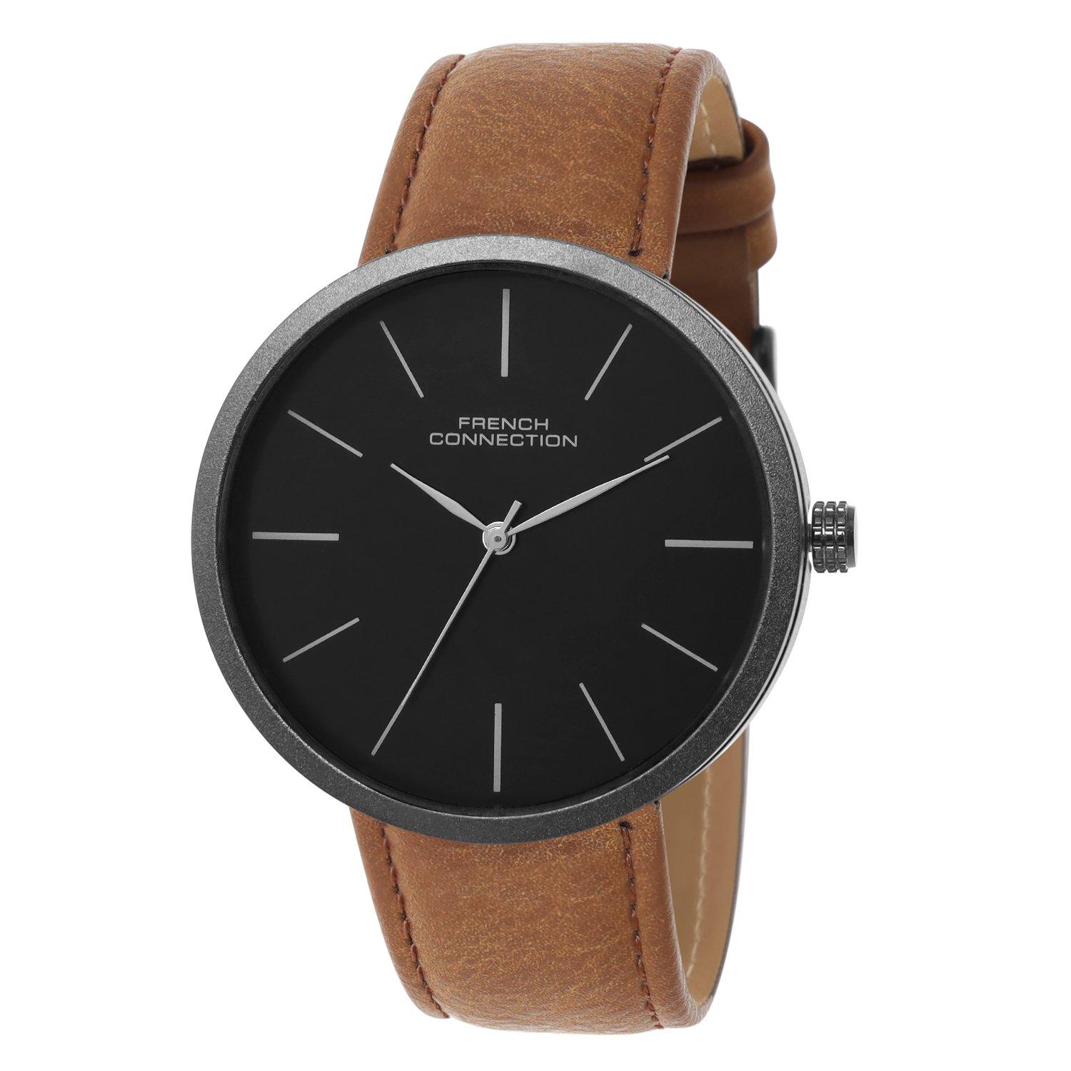 Black - French Connection - French Connection Black Case Round Shape Brown Strap Quartz Watch - 2