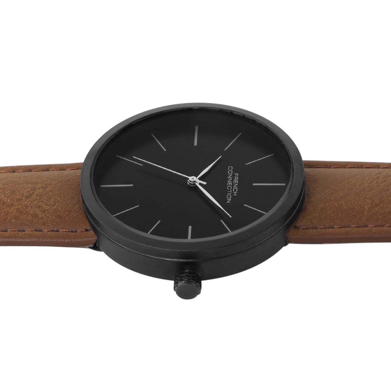 Black - French Connection - French Connection Black Case Round Shape Brown Strap Quartz Watch - 3