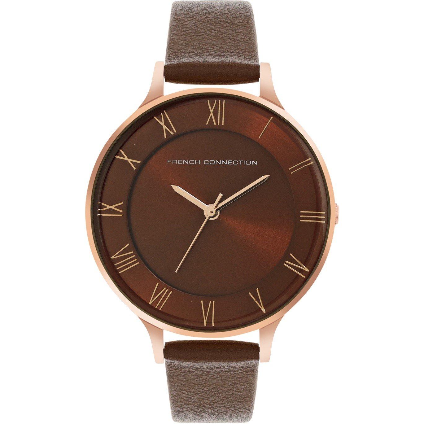 French Connection French Connection Rose Case Round Shape Brown Strap Quartz Watch