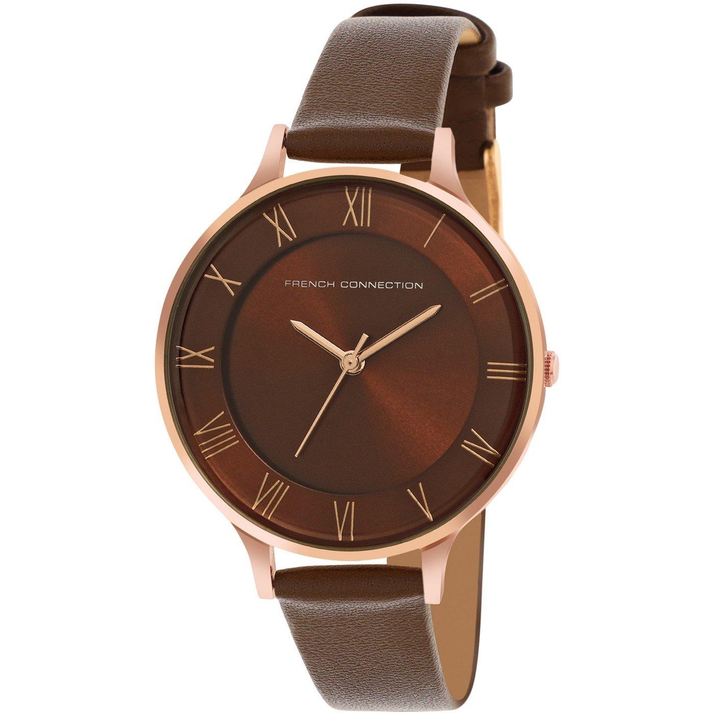 Brown - French Connection - Rose Case Round Shape Brown Strap Quartz Watch - 2