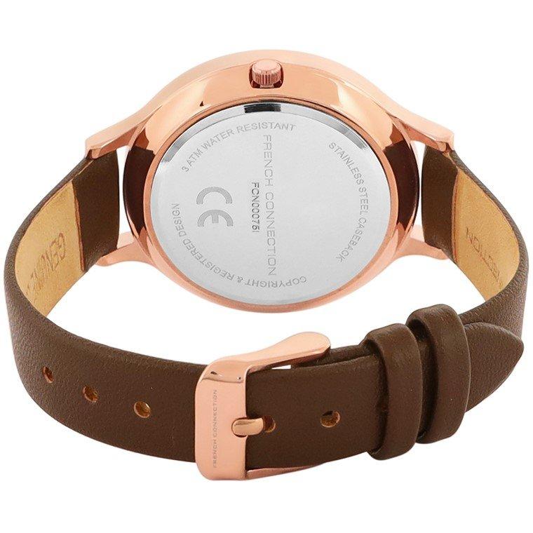 Brown - French Connection - Rose Case Round Shape Brown Strap Quartz Watch - 3