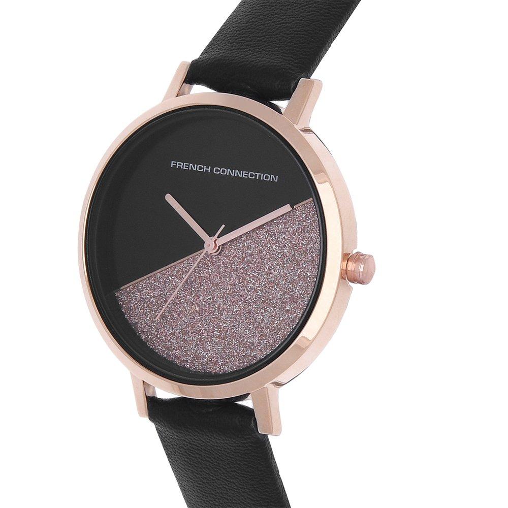 Black - French Connection - French Connection Rose Case Round Shape Black Strap Quartz Watch - 2