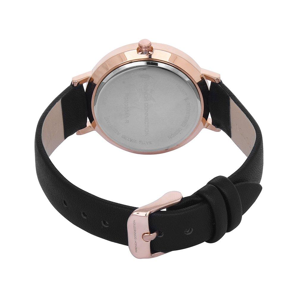 Black - French Connection - French Connection Rose Case Round Shape Black Strap Quartz Watch - 3